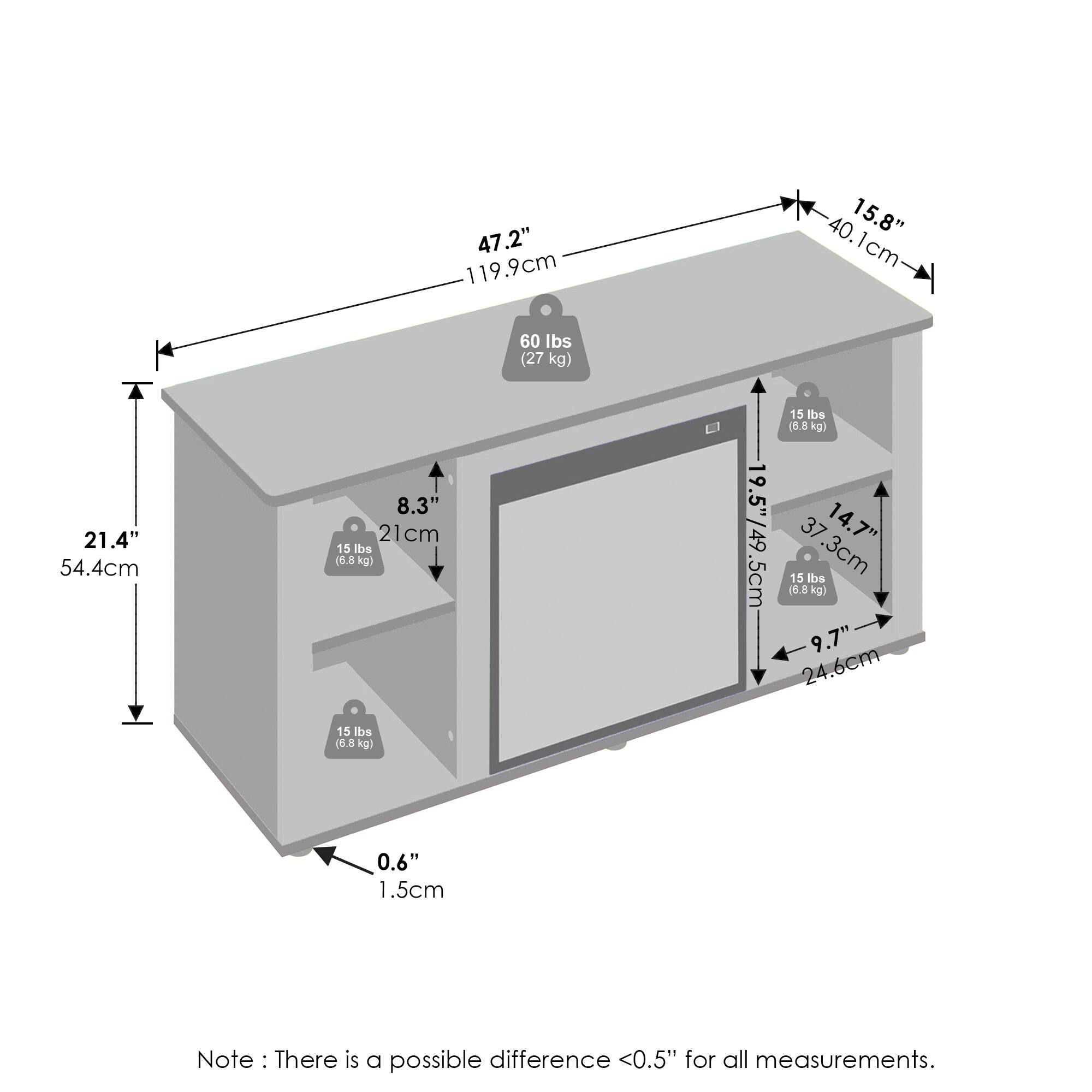 47.2" (119.9 cm)  
15.8" (40.1 cm)  
60 lbs (27 kg)  
21.4" (54.4 cm)  
8.3" (21 cm)  
15 lbs (6.8 kg)  
19.5" (49.5 cm)  
14.7" (37.3 cm)  
9.7" (24.6 cm)  
0.6" (1.5 cm)  

Note: There is a possible difference <0.5" for all measurements.