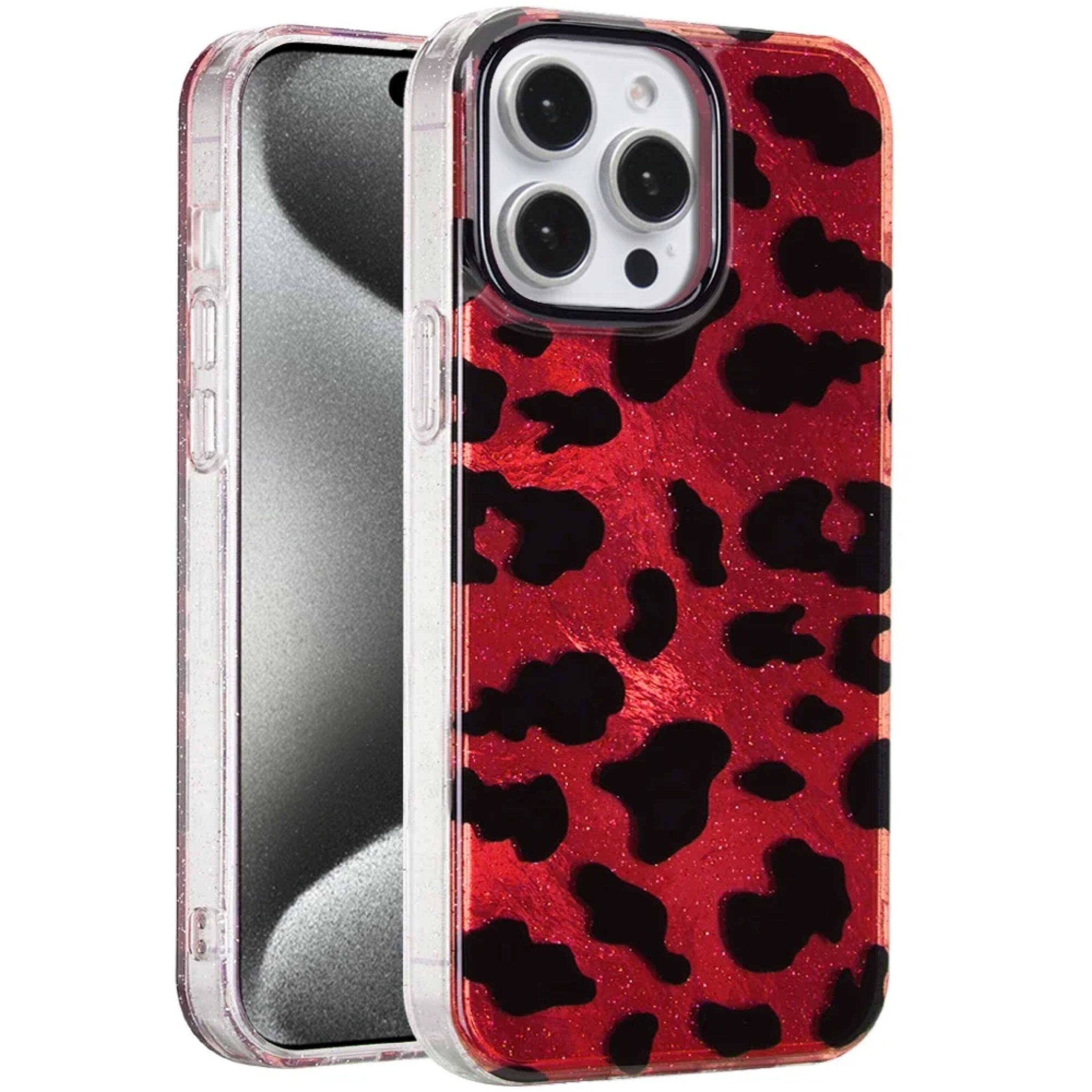Left. Kitcheniva - Glossy Glitter In-Mold Case With Tempered Glass For iPhone 15 Pro Max Beauty Leopard - Multicolor.