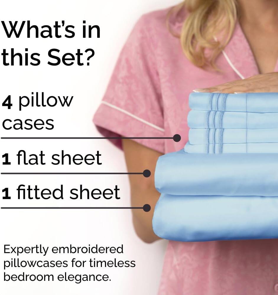 What's in this Set?

- 4 pillow cases
- 1 flat sheet
- 1 fitted sheet

Expertly embroidered pillowcases for timeless bedroom elegance.