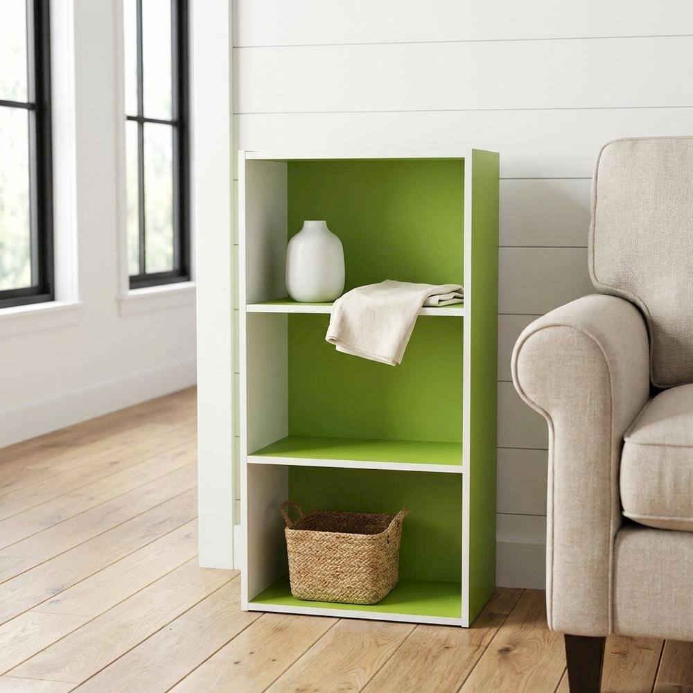 Angle. FurniFact - 3-Tier Open Shelf Bookcase with Engineered Wood Construction - Green/White.