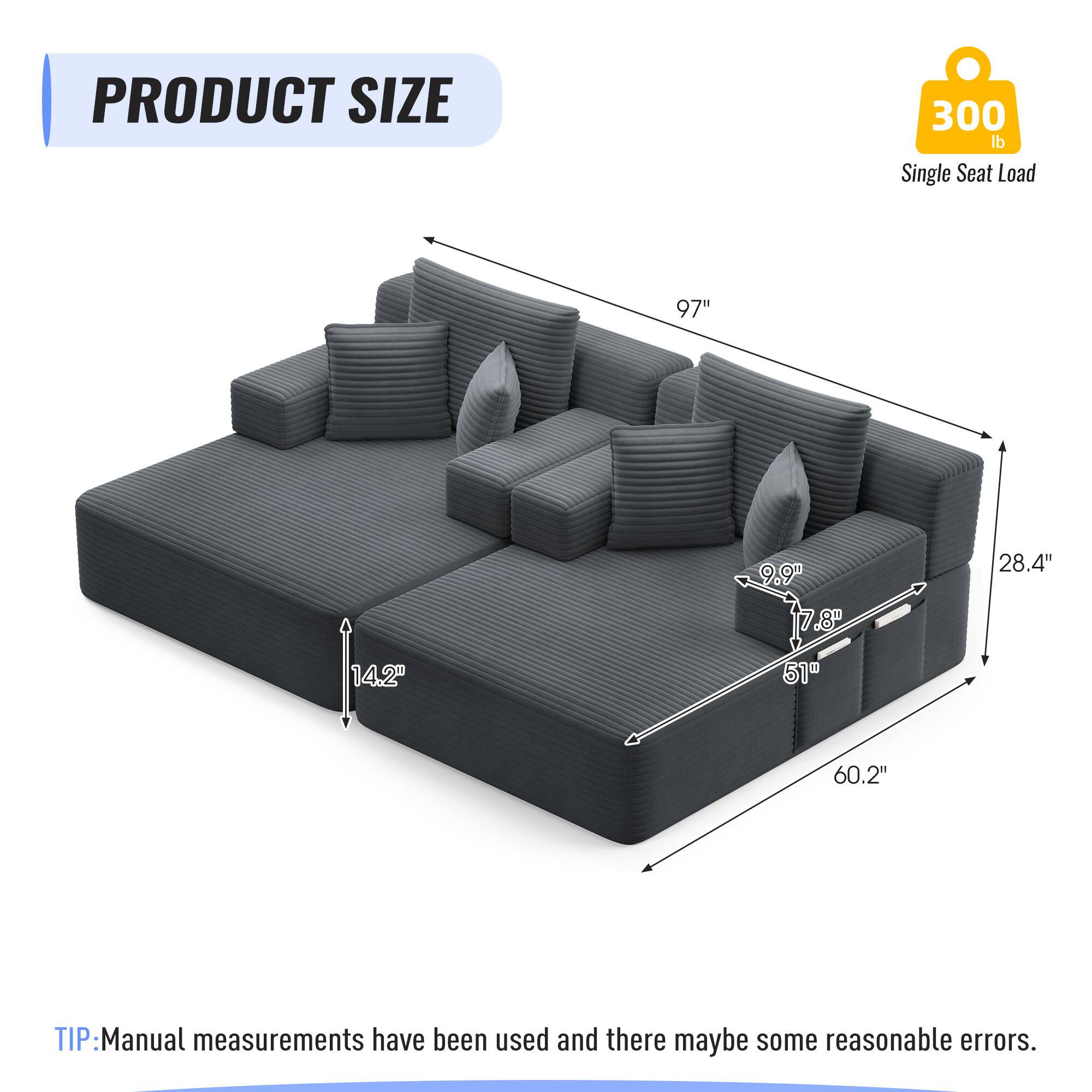 PRODUCT SIZE  
300 lb Single Seat Load  
97"  
9.9"  
28.4"  
7.8"  
14.2"  
51"  
60.2"  

TIP: Manual measurements have been used and there may be some reasonable errors.
