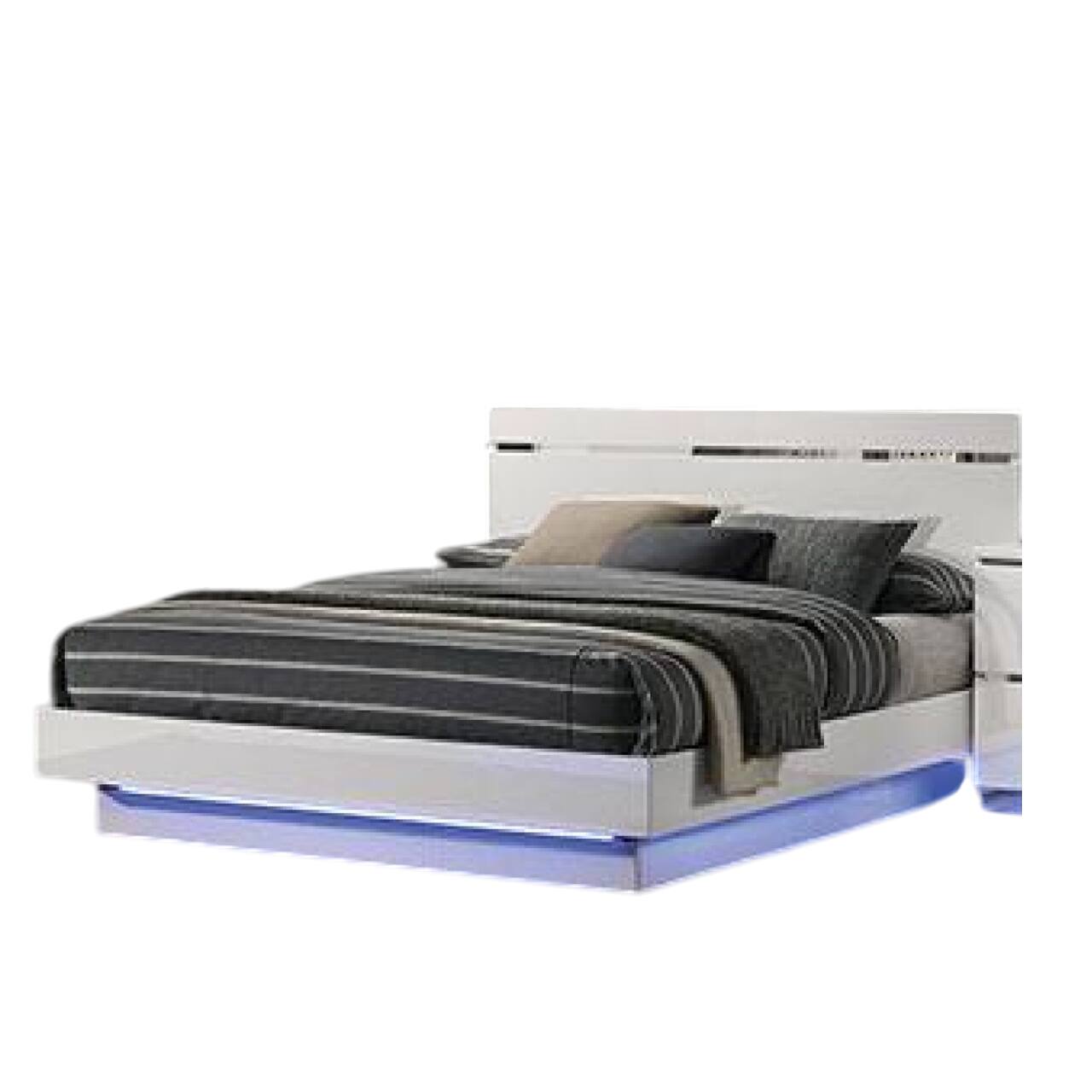 Alt View 1. Manhattan Lane - Pero King Size Bed w Silver Trimmed Headboard, LED Footboard - White, Chrome Silver.