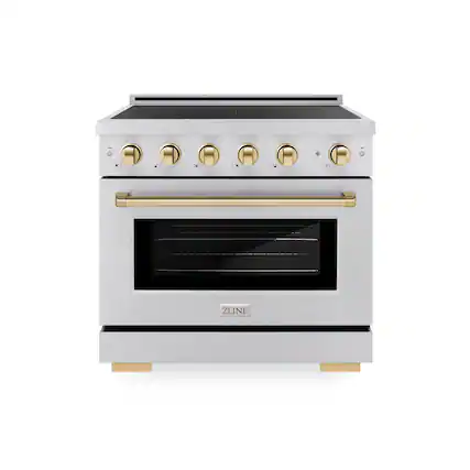 Front. ZLINE - Autograph 36 in. 5.2 cu. ft. Paramount Freestanding Induction Range with 5 Burners in Satin Steel with Gold Accents - Satin Stainless Steel.