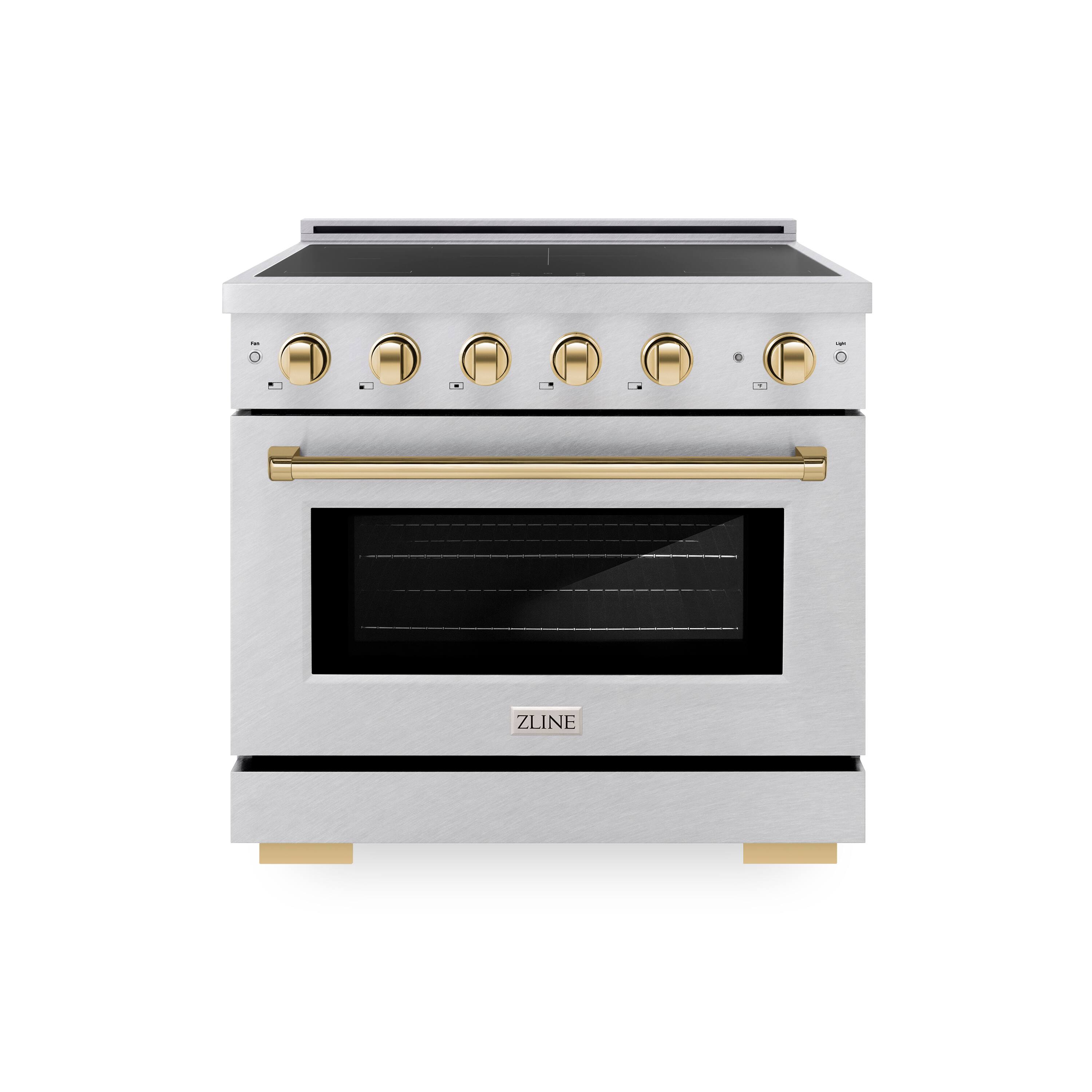 Front. ZLINE - Autograph 36 in. 5.2 cu. ft. Paramount Freestanding Induction Range with 5 Burners in Satin Steel with Gold Accents - Satin Stainless Steel.
