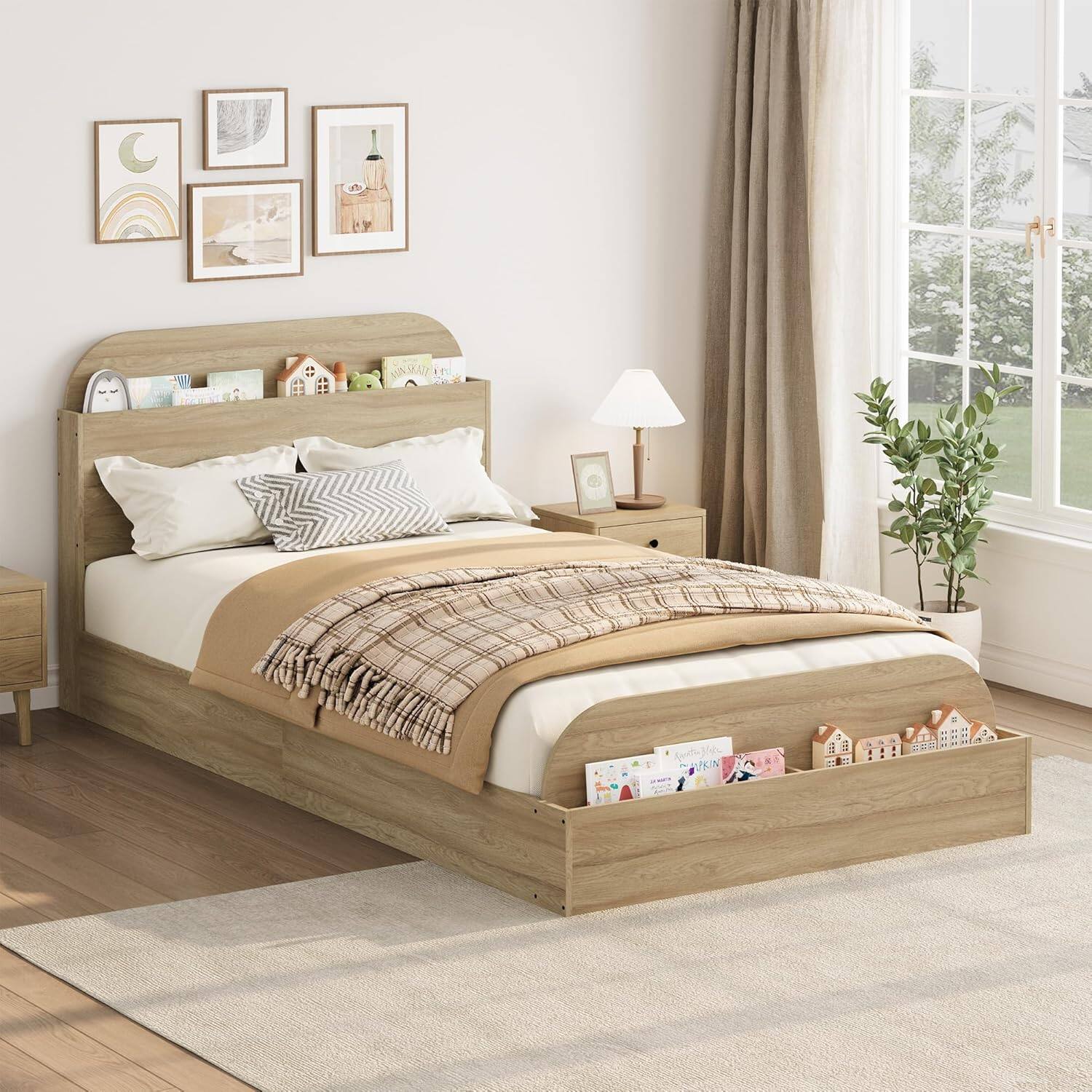 Homhougo - Twin Kids Bed Frame with Storage Headboard & Footboard - Low Profile Wood Platform Bed, Sturdy Wood Slats - Natural