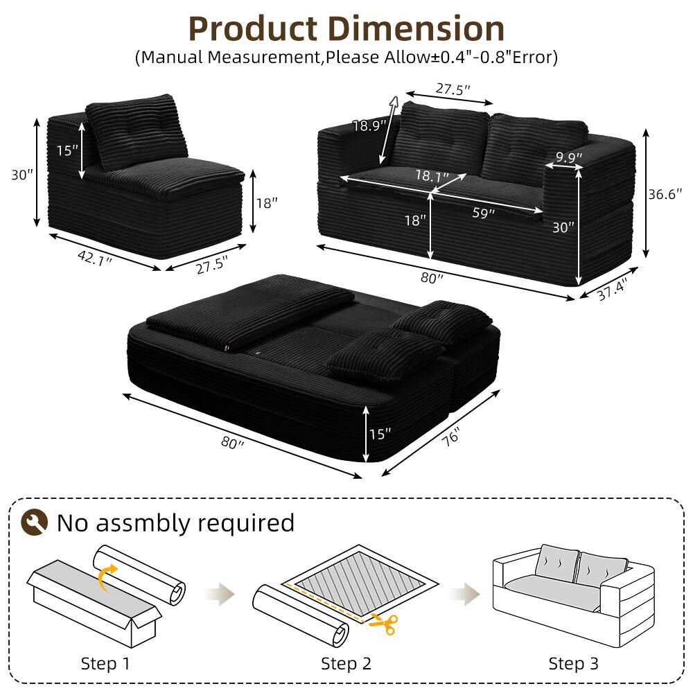 Product Dimension  
(Manual Measurement, Please Allow ±0.4"-0.8" Error)  

- 27.5" x 18.9" x 30"  
- 42.1" x 18" x 18.1"  
- 80" x 59" x 9.9"  
- 36.6" x 30" x 37.4"  
- 80" x 15" x 76"  

No assembly required  

Step 1  
Step 2  
Step 3