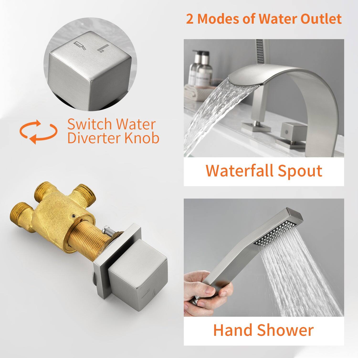 2 Modes of Water Outlet

Switch Water Diverter Knob

Waterfall Spout

Hand Shower