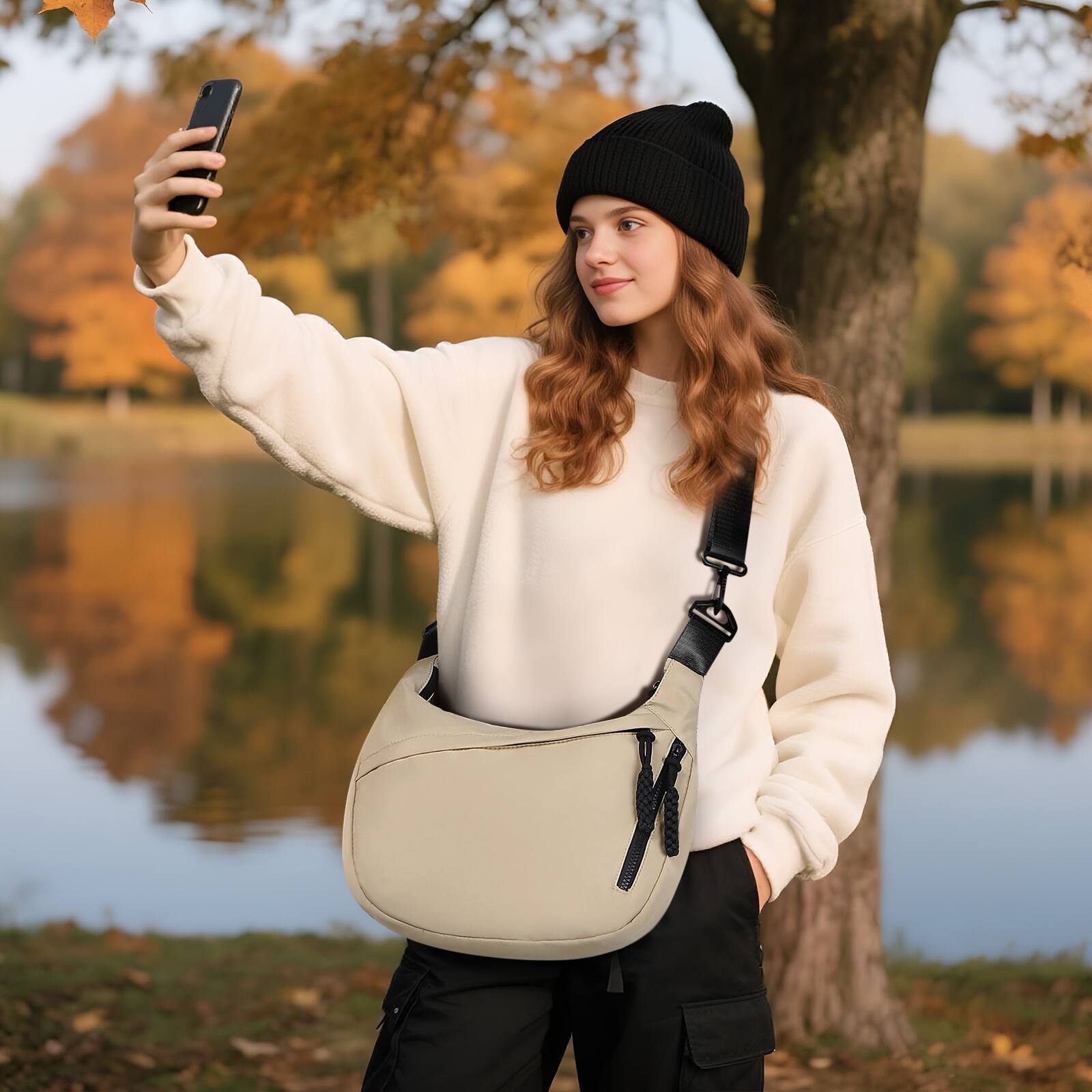 Alt View 5. Unique Bargains - Arch Crossbody Bags for Women Moon Dumpling Sling Bag Lightweight Nylon Purse for Travel - Khaki.