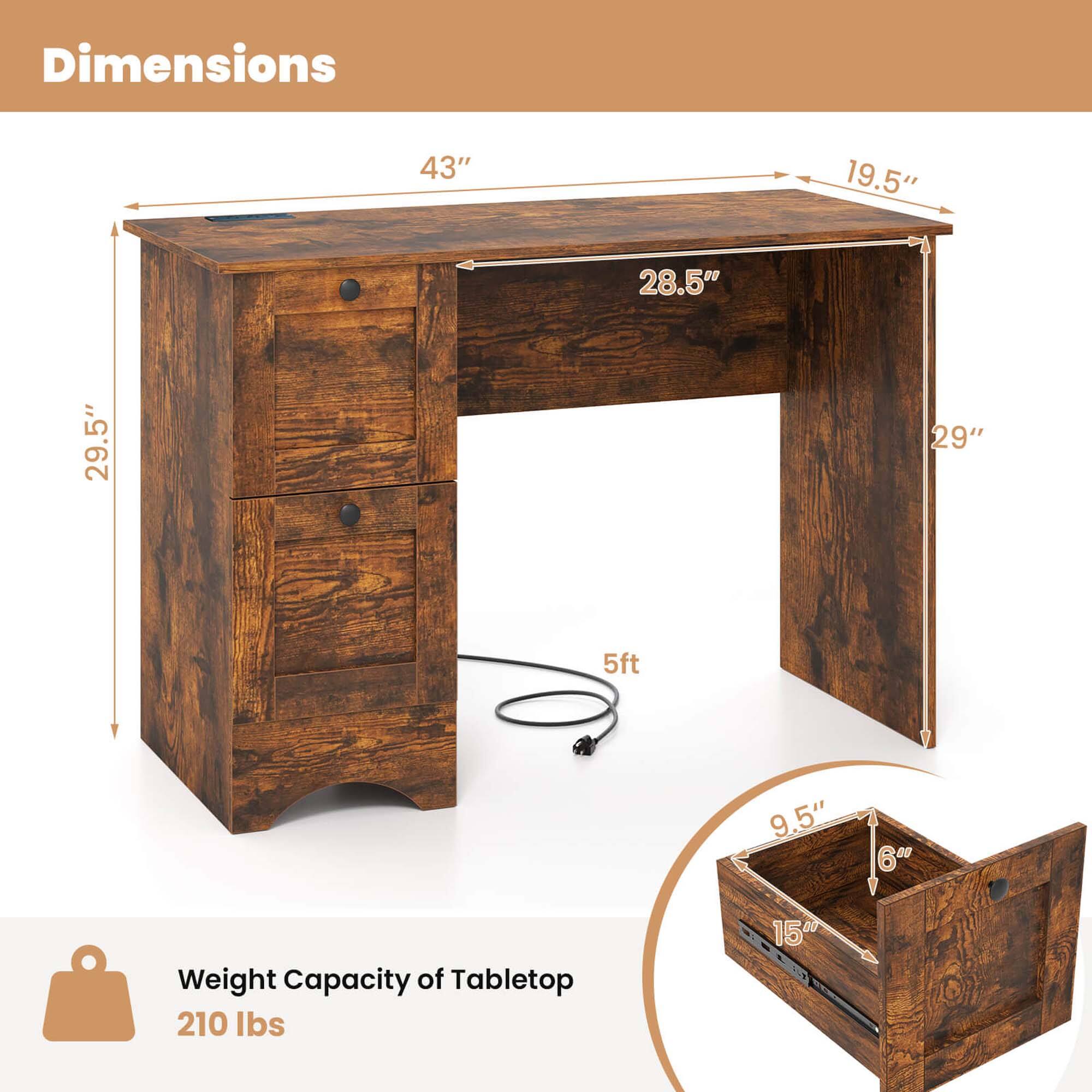Dimensions: 43" x 19.5" x 28.5"
Weight Capacity of Tabletop: 210 lbs