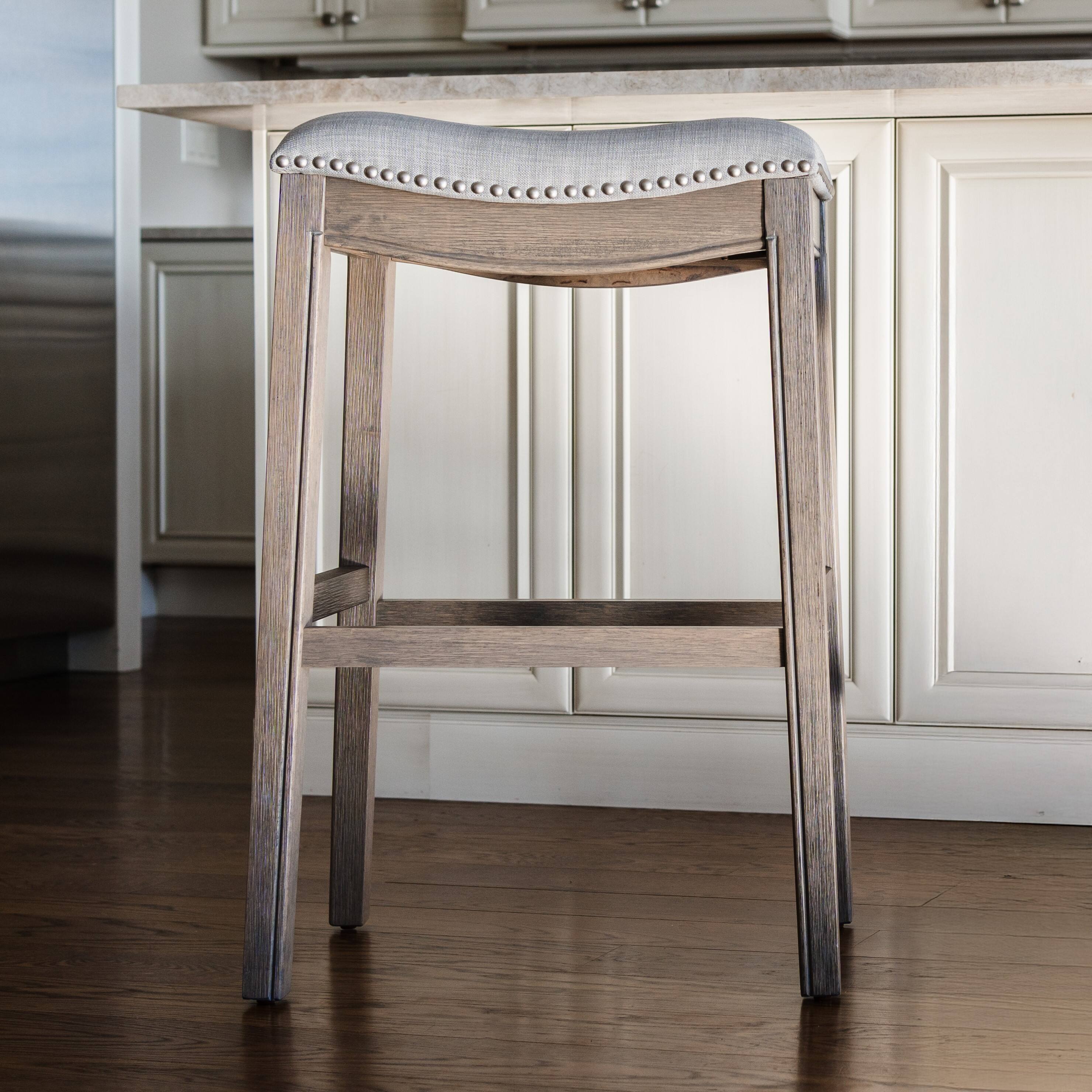 Angle. Maven Lane - 31" Adrien Saddle Bar Stool In Reclaimed Oak Finish With Fabric Upholstery - Reclaimed Oak.