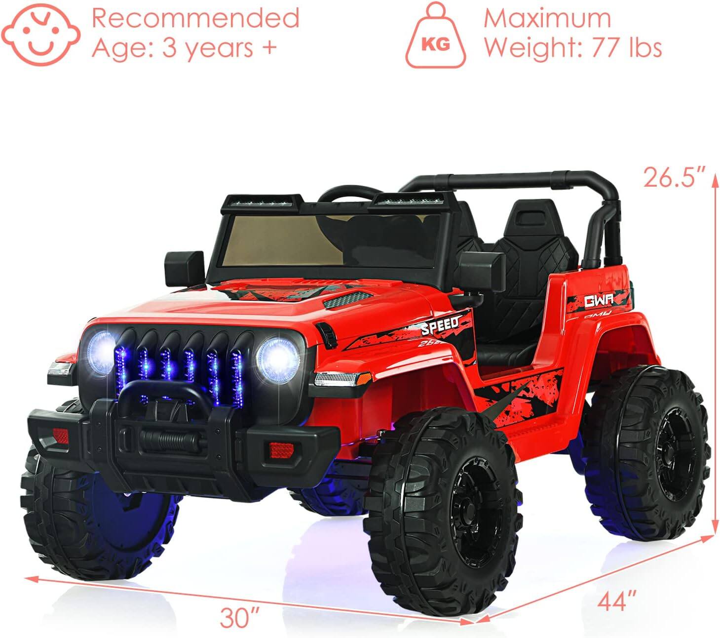 Recommended Age: 3 years +  
Maximum Weight: 77 lbs  

26.5"  
30"  
44"