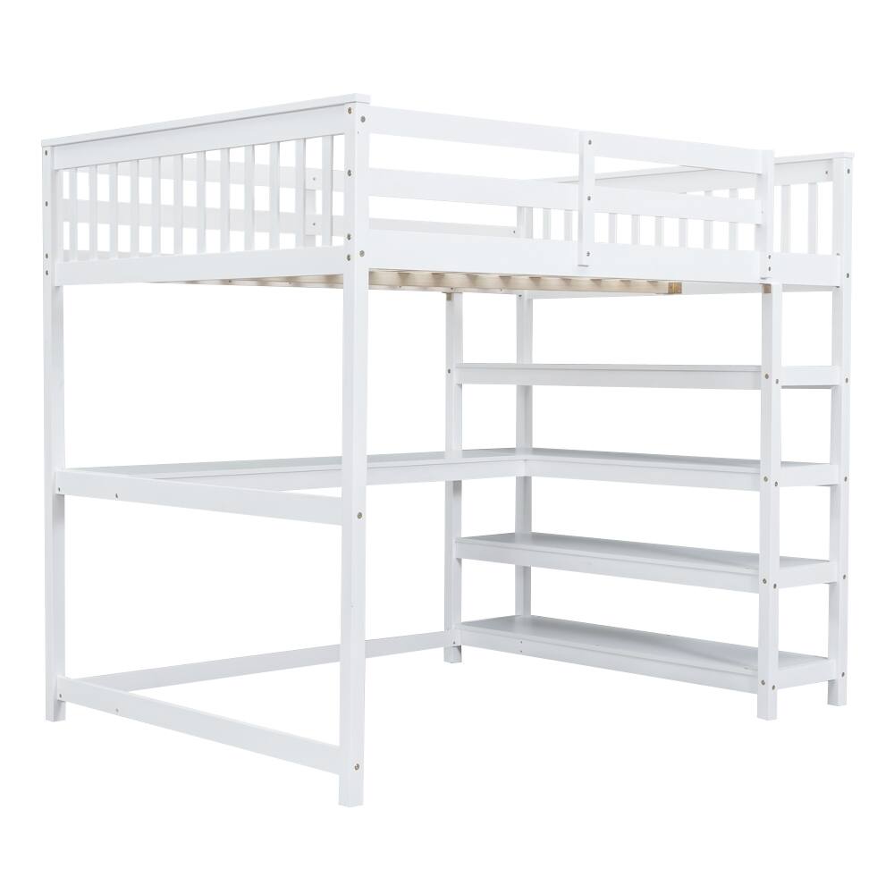 Alt View 6. Loheer - Loheer Full Size Loft Bed with Desk and Storage Shelves, White Solid Wood Space Saving Bed Frame - White.