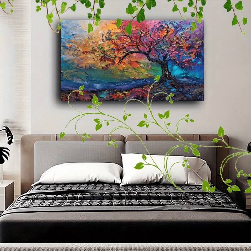 Alt View 1. blue - 1pc Vibrant Rainbow Foliage Abstract Tree Canvas Art - Wooden Framed, Textured Paint, Ideal for Home & Office Decor, Li - Color:12*18in.