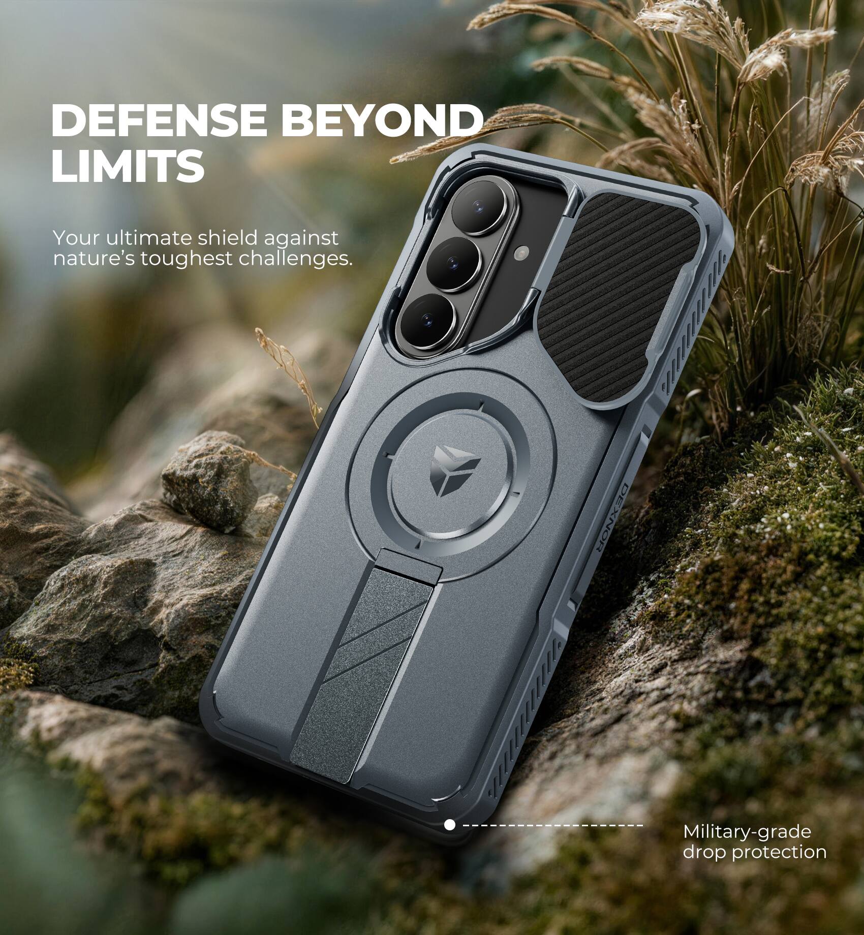 DEFENSE BEYOND LIMITS  
Your ultimate shield against nature's toughest challenges.  
Military-grade drop protection