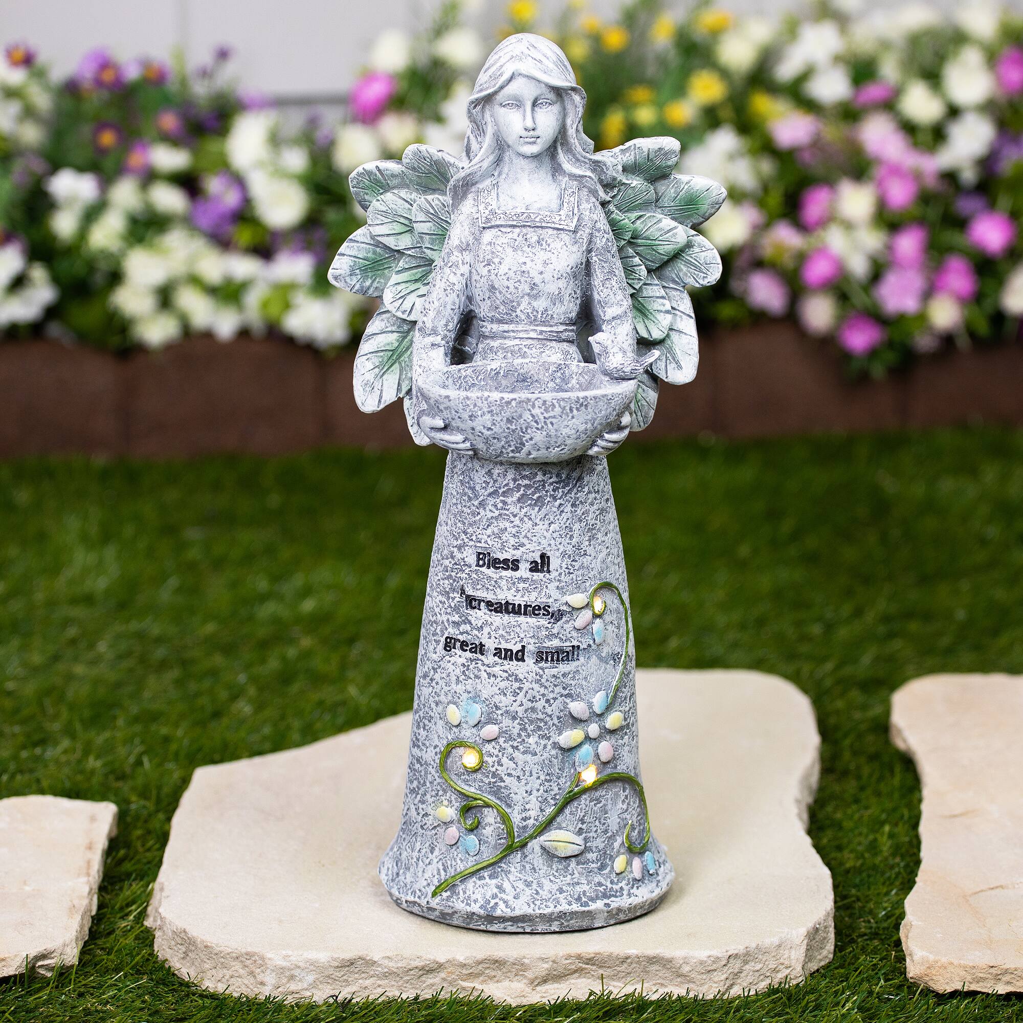 Northlight - LED Solar Lighted Bless All Creatures Outdoor Garden Birdbath - 16" - Gray