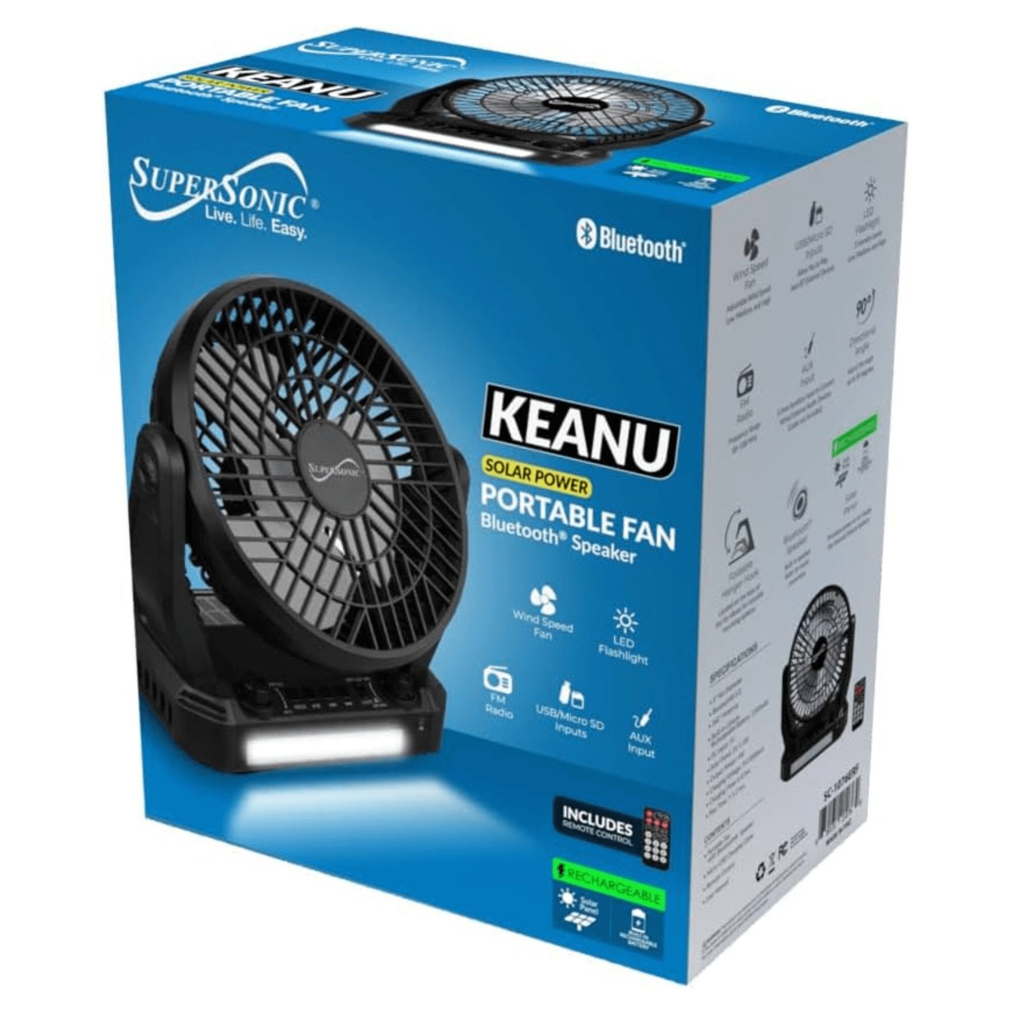Sure, here is the corrected and grouped text from the image:

---

**KEANU**

**SOLAR POWER PORTABLE FAN Bluetooth® Speaker**

**Live. Life. Easy.**

- **Bluetooth®**
- **Wind Speed Fan**
- **LED Flashlight**
- **USB/Micro SD Inputs**
- **AUX Input**
- **FM Radio**
- **INCLUDES REMOTE CONTROL**
- **RECHARGEABLE**

**SUPERSONIC**

**KEANU**

**SOLAR POWER PORTABLE FAN Bluetooth® Speaker**

**Live. Life. Easy.**

- **Bluetooth®**
- **Wind Speed Fan**
- **LED Flashlight**
- **USB/Micro SD Inputs**
- **AUX Input**
- **FM Radio**
- **INCLUDES REMOTE CONTROL**
- **RECHARGEABLE**

---

This text is organized to reflect the product's features and branding as seen on the packaging.