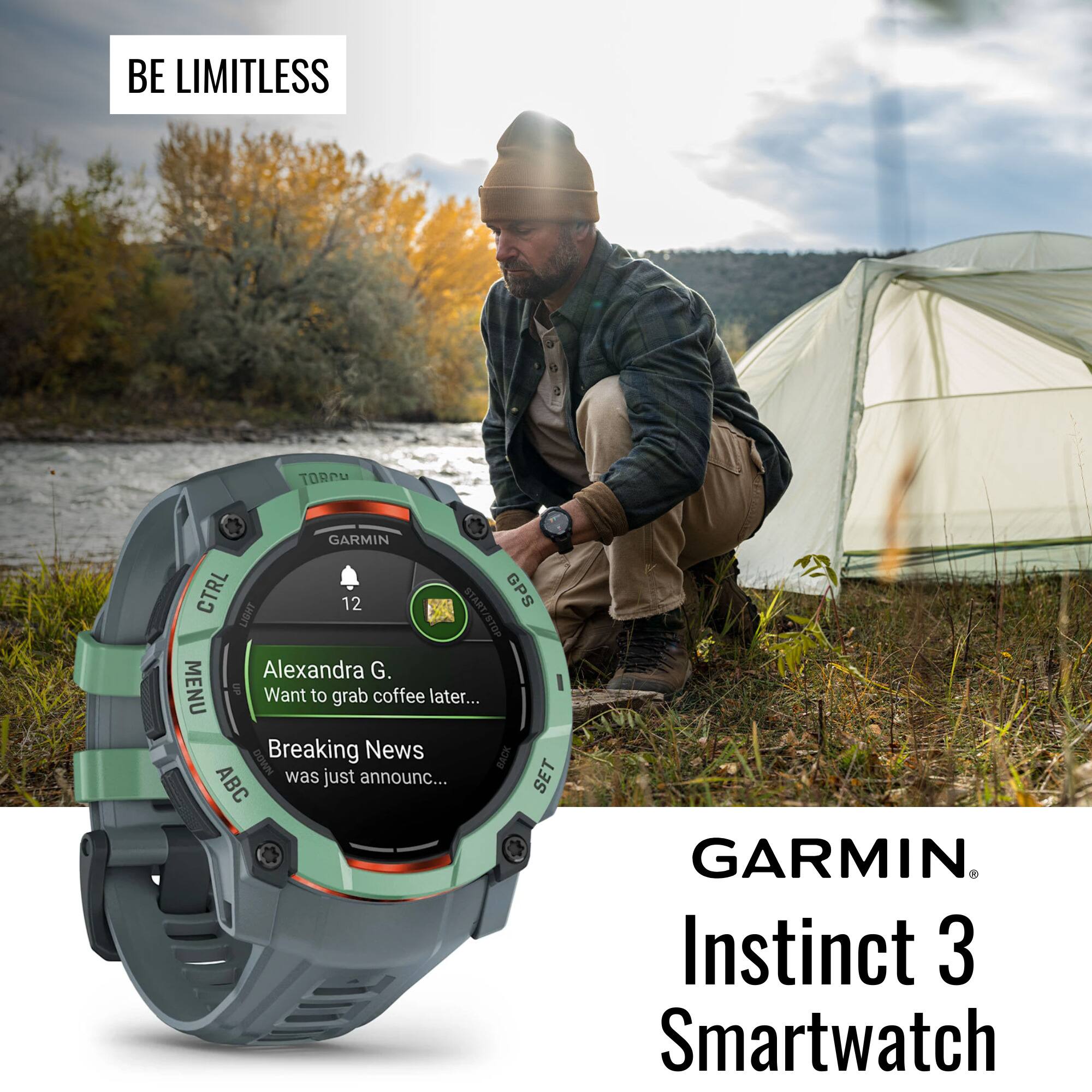 The corrected text is:

"BE LIMITLESS
TORUN GARMIN CTRL 12 START GPS LIGHT START/STOP STOP
Alexandra G. MENU
Want to grab coffee later...
Breaking News BACK DOWN was SET ABC just announced...
GARMIN Instinct 3 Smartwatch"