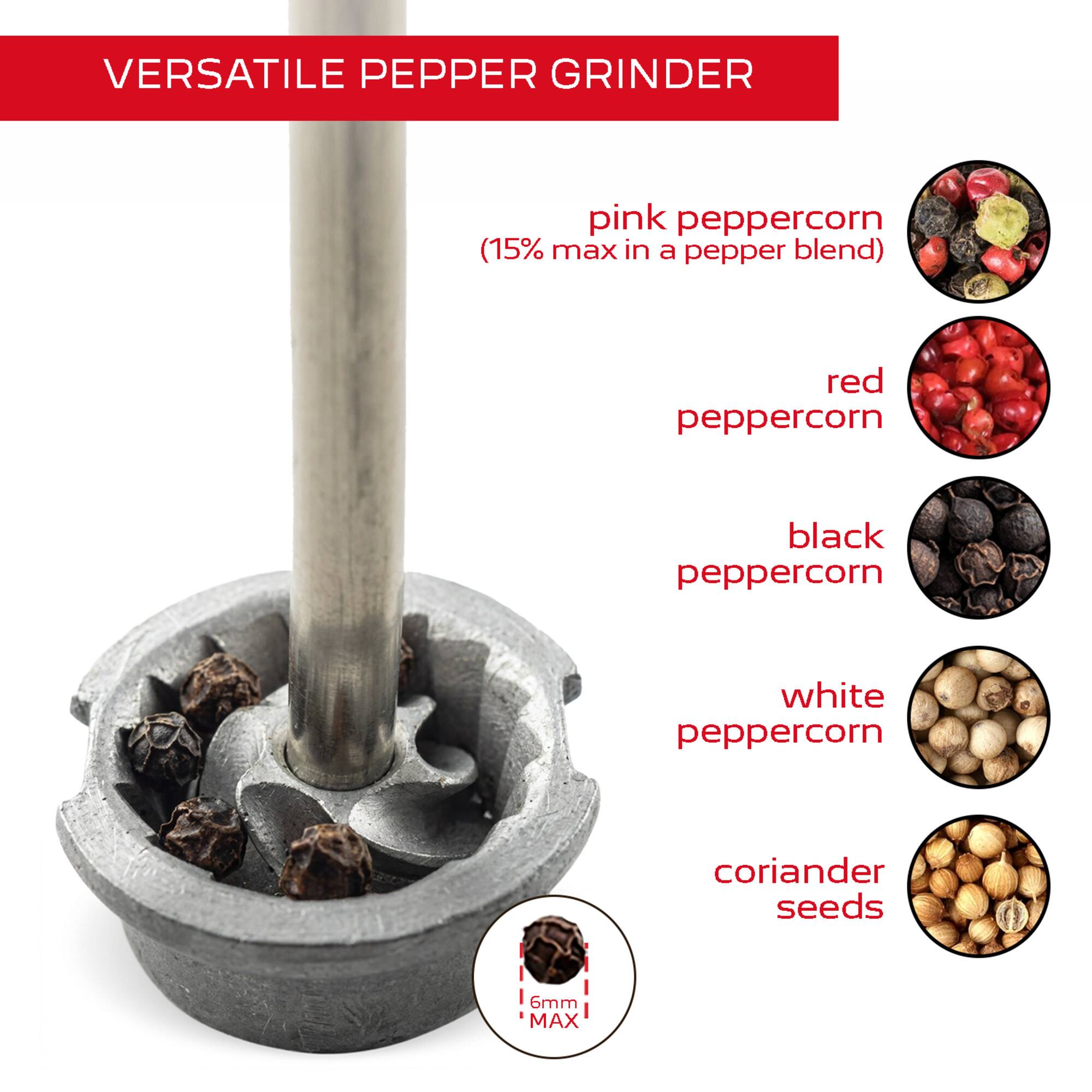 VERSATILE PEPPER GRINDER

pink peppercorn (15% max in a pepper blend)
red peppercorn
black peppercorn
white peppercorn
coriander seeds

6mm MAX