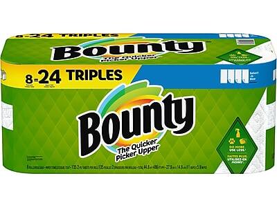 Bounty  
8-24 Triples  
The Quicker Picker Upper  
Do More, Use Less  
135 sheets per roll  
125 sheets per pack  
64.8 sq in per sheet  
27.8 in x 14.9 in per sheet