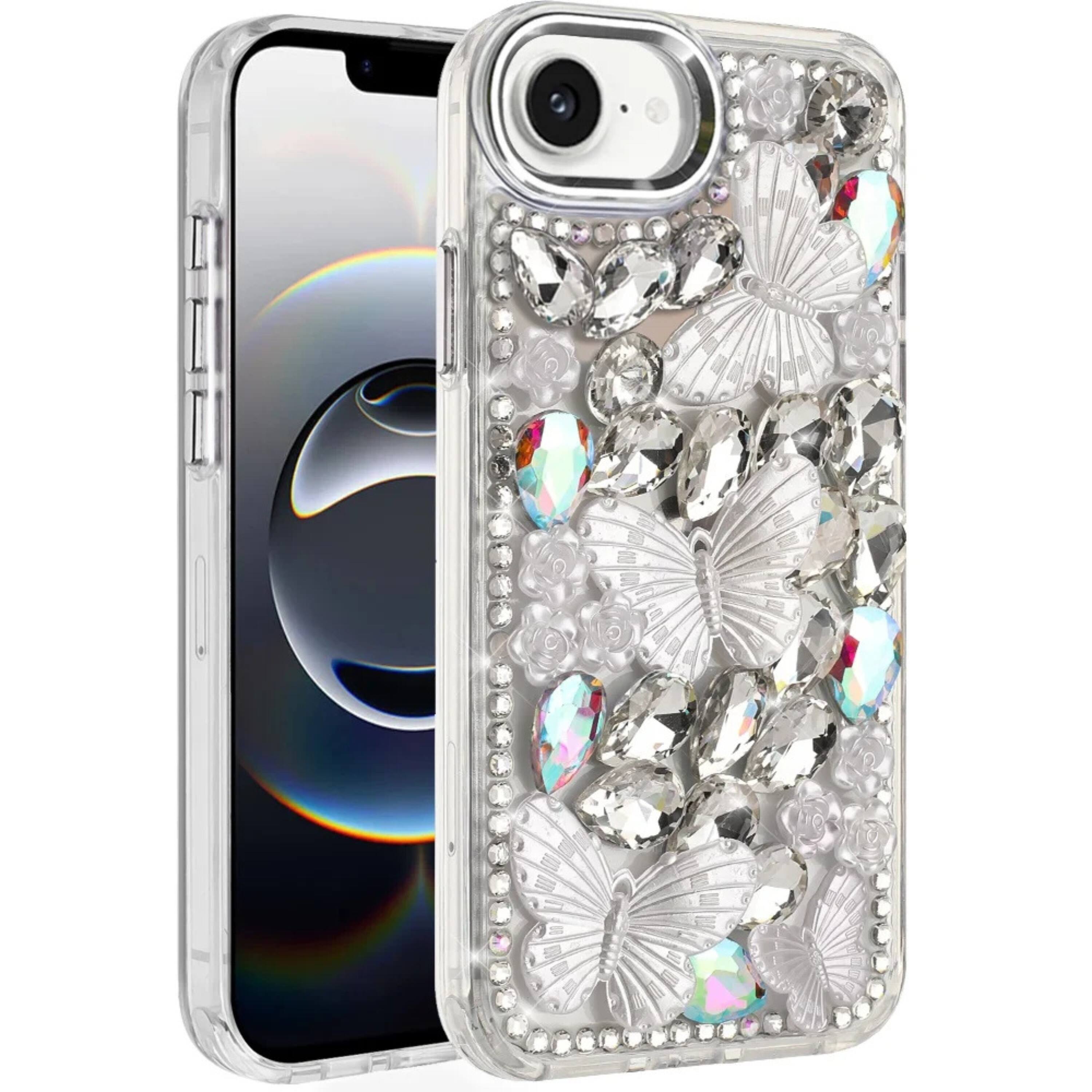 Front. Kitcheniva - Bling Diamond Large Butterfly Phone Case With Tempered Glass For iPhone 16e 17e Silver - Silver.