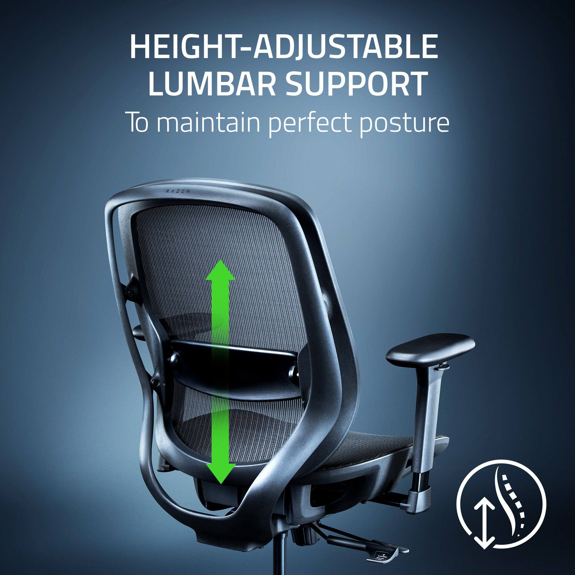The text on the image reads: "HEIGHT-ADJUSTABLE LUMBAR SUPPORT TO MAINTAIN PERFECT POSTURE."