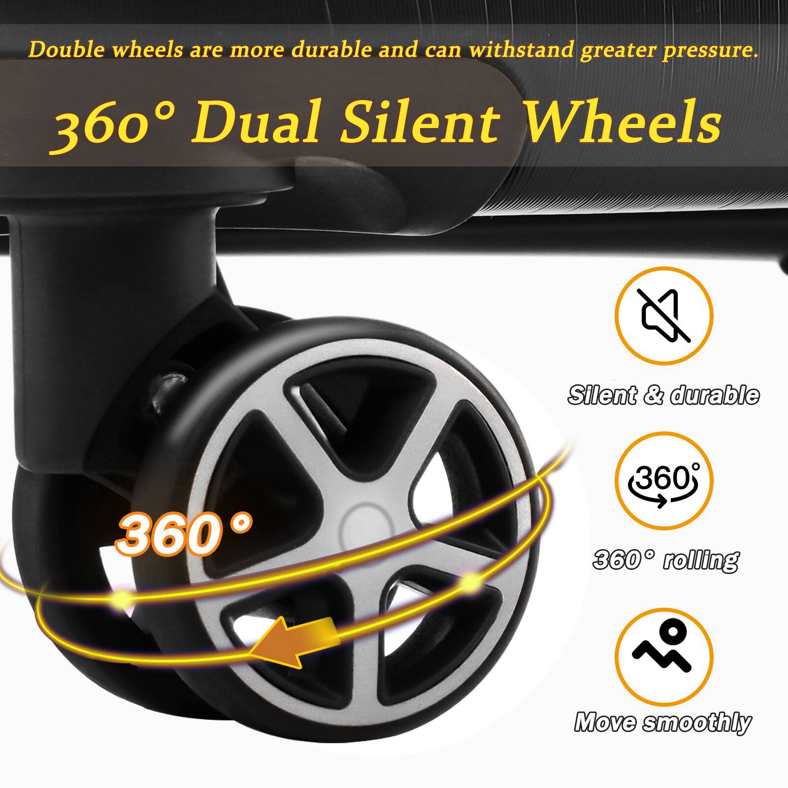 Double wheels are more durable and can withstand greater pressure.

360° Dual Silent Wheels

- Silent & durable
- 360° rolling
- Move smoothly