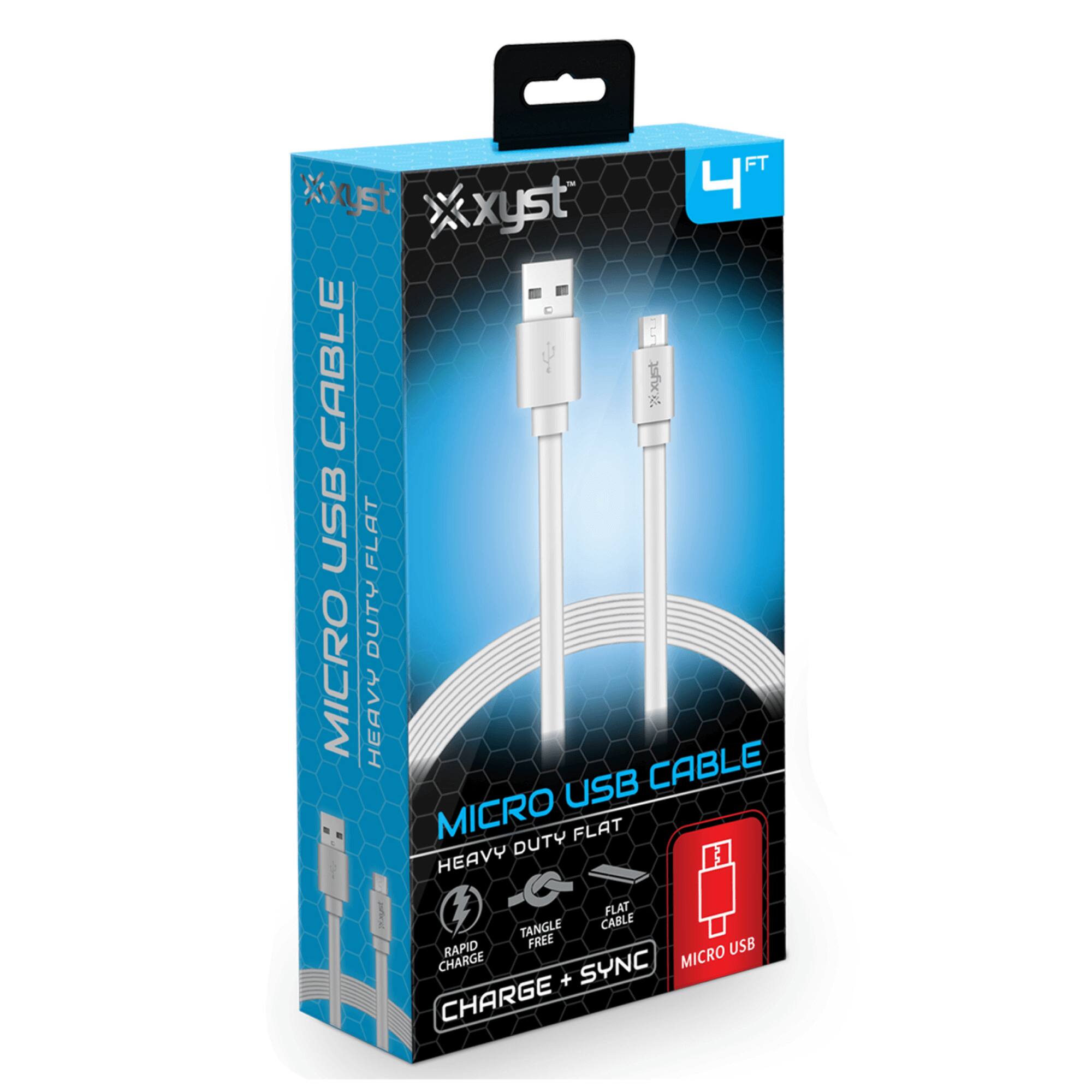 Sure, here is the corrected and grouped text from the image:

- **Brand:** Xyst
- **Product:** MICRO USB CABLE
- **Features:**
  - HEAVY DUTY FLAT
  - RAPID CHARGE
  - TANGLE FREE
  - FLAT CABLE
  - MICRO USB
- **Length:** 4 FT
- **Function:** CHARGE + SYNC