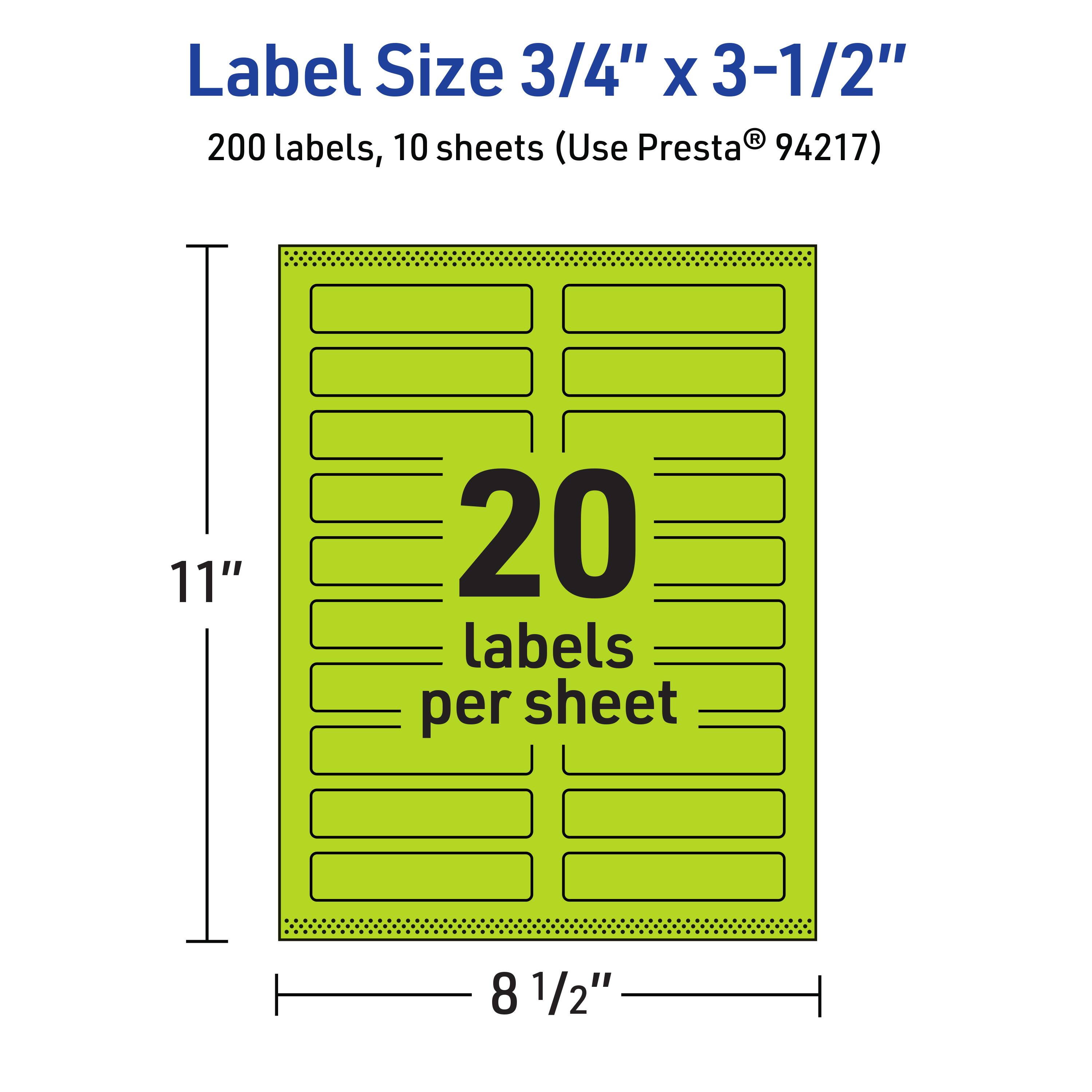 Label Size 3/4" x 3-1/2"  
200 labels, 10 sheets (Use Presta® 94217)  
20 labels per sheet  
11" x 8 1/2"