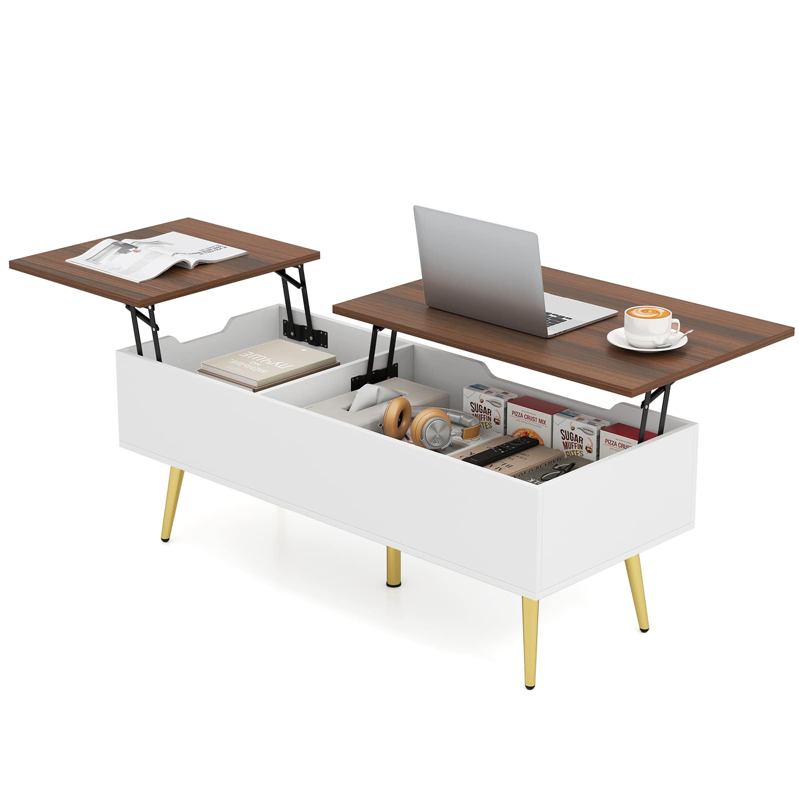 Gymax - Lift Top Coffee Table w/ Split Top & 2 Hidden Compartments Tapered Metal Legs - Walnut, White, Gold