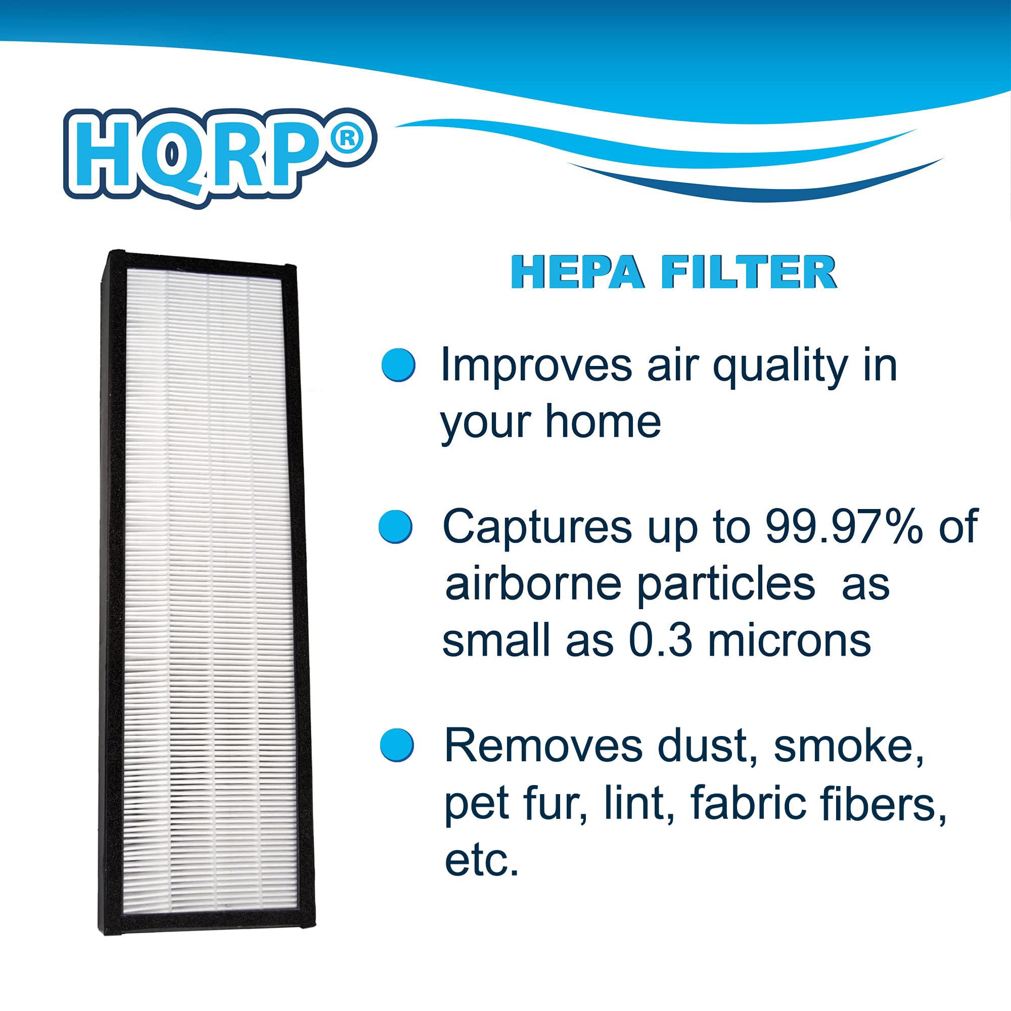 HQRP HEPA FILTER  
Improves air quality in your home  
Captures up to 99.97% of airborne particles as small as 0.3 microns  
Removes dust, smoke, pet fur, lint, fabric fibers, etc.