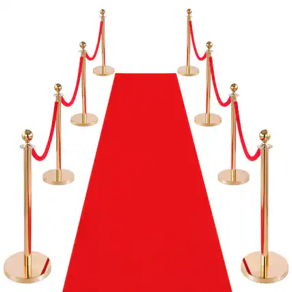 Front. VEVOR - Stanchion Post, 8 Pcs Crowd Control Barrier Set with Red Carpet, 6 Red Velvet Ropes, Stainless Steel Gold Stanchion - Red velvet rope.