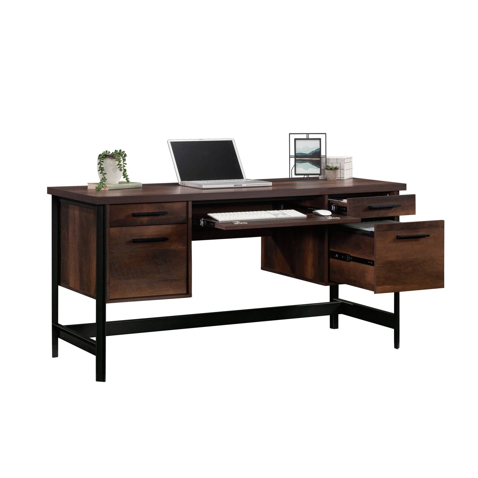Front. Glintex - 60" Modern Writing Desk with Spacious Desktop, Flip-Down Keyboard Tray, Two Storage Drawers, Durable Metal Frame - Brown.