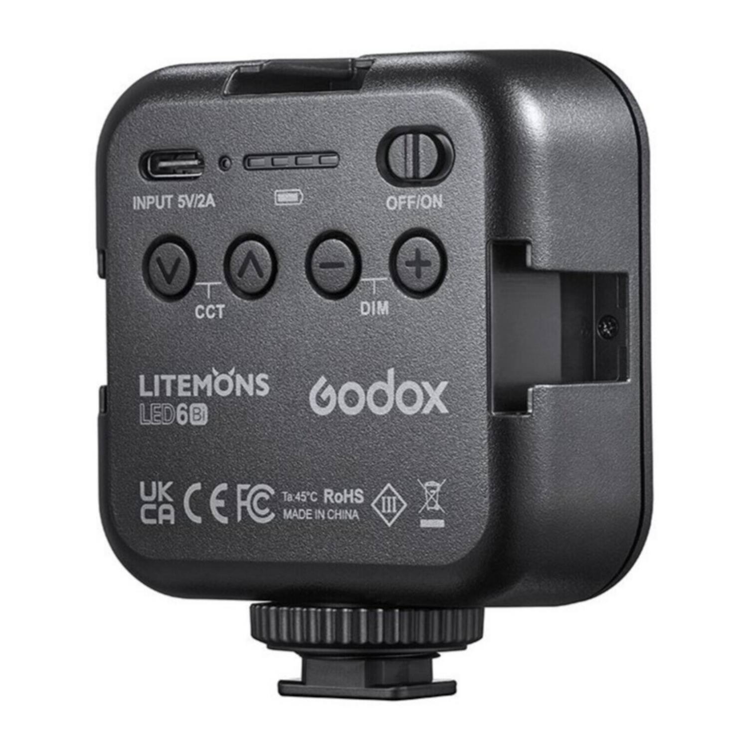 INPUT 5V/2A  
CCT  
DIM  
OFF/ON  

LITEMONS  
LED 6B  

Godox  

UK CA  
CE FC  
RoHS  
MADE IN CHINA  

Ta:45°C