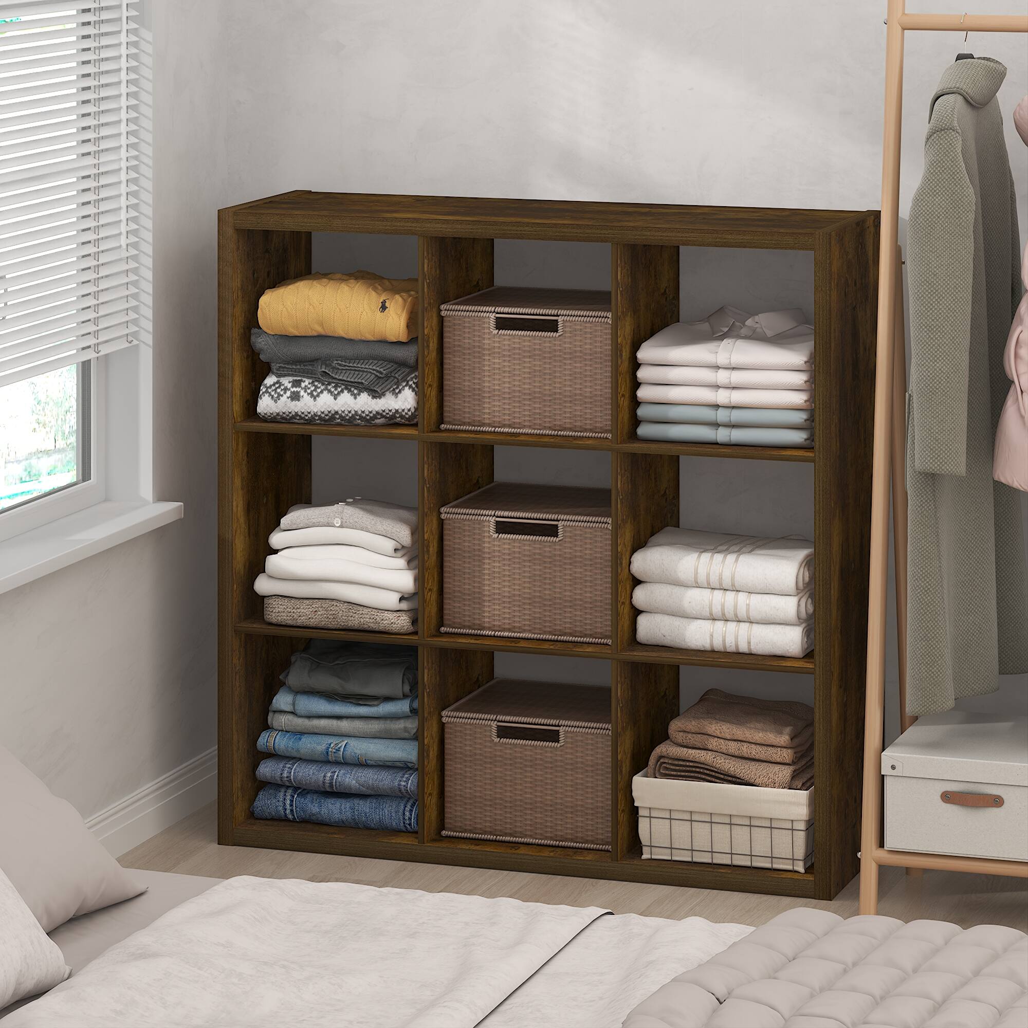Alt View 1. Furinno - CUBIC Closet Organizers, 9-Cube Closet Organizer, Open Shelf, Extra Thick Frame, for Wardrobe, Bedroom, Living Room - Amber Pine.