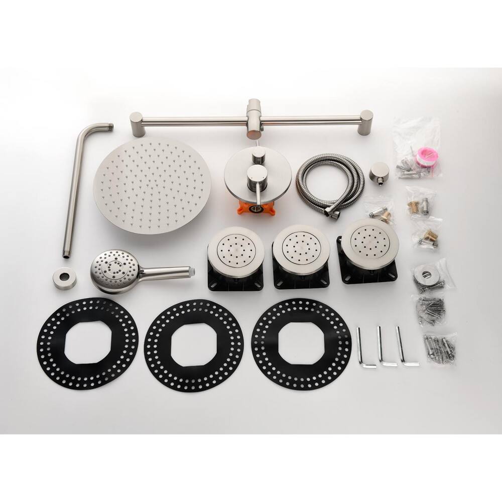 Alt View 6. JUJABU - Brushed Nickel Shower System with Shower Head, Slide Bar, Bodysprays, Shower Arm, Hose, Valve Trim, and Lever Handles - Brushed Nickel.