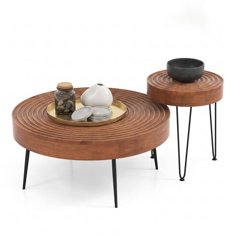 Angle. WELLFOR - Set of 2 Solid Wood Round Coffee Table with Metal Legs, Farmhouse Nesting Coffee Table Center Table for Living Rooms - Brown.