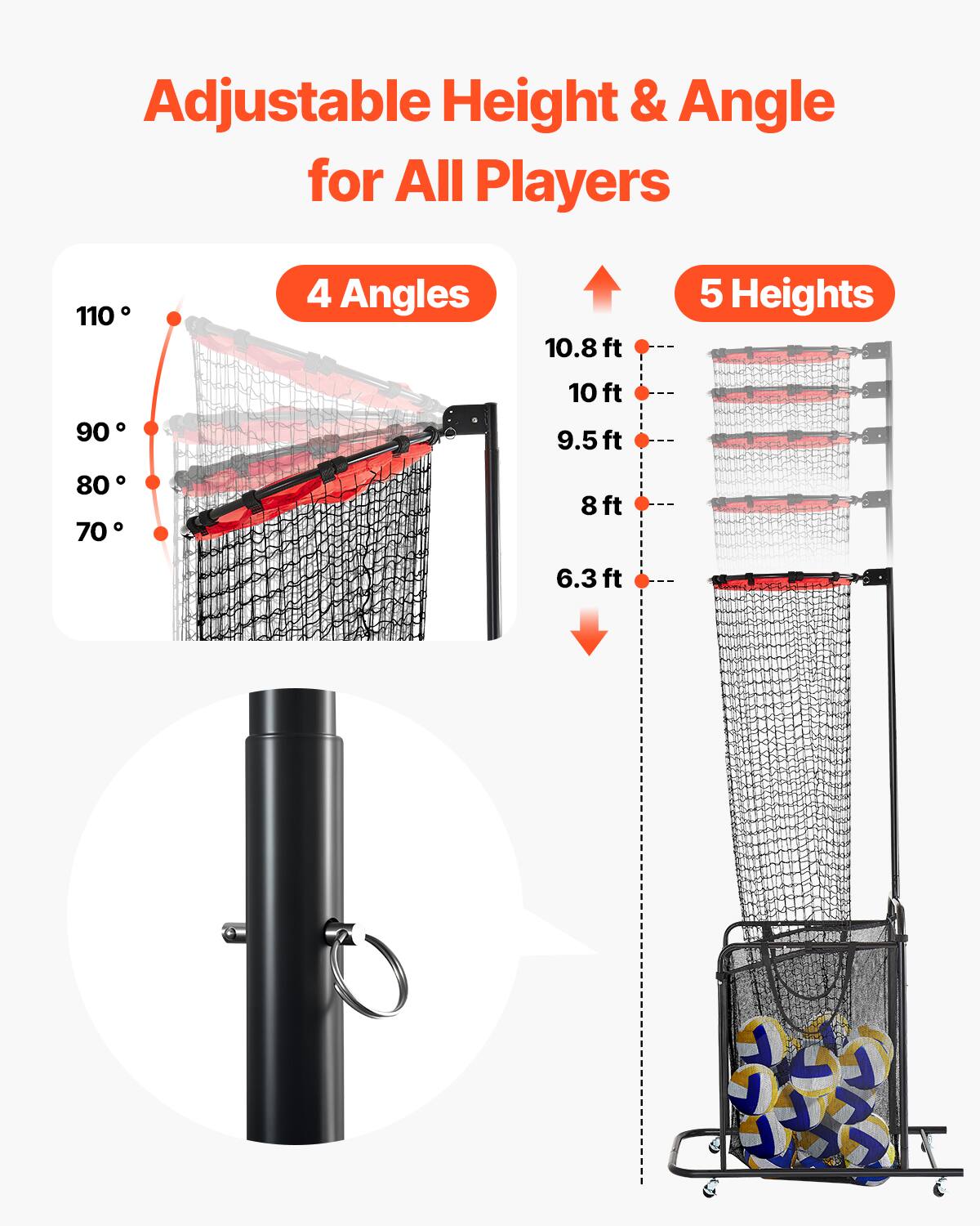 Adjustable Height & Angle for All Players

4 Angles
110°
90°
80°
70°

5 Heights
10.8 ft
10 ft
9.5 ft
8 ft
6.3 ft