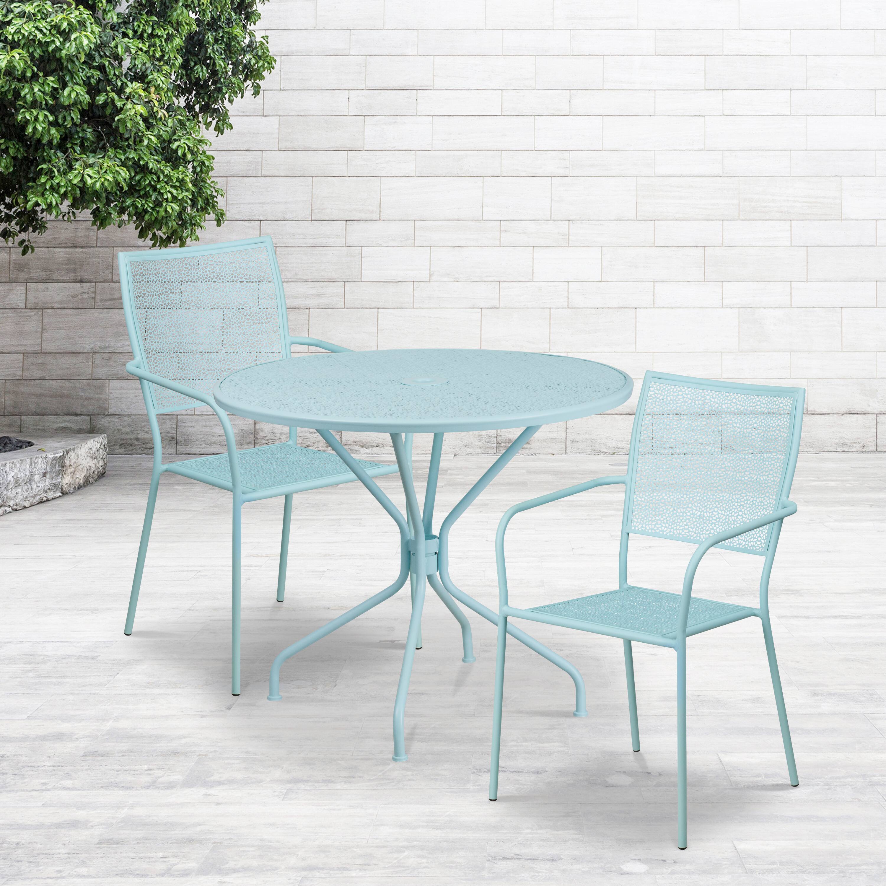 Alt View 1. Emma + Oliver - Commercial Grade 35.25" Round Metal Garden Patio Table Set, 2 Square Back Chairs - Sky Blue.