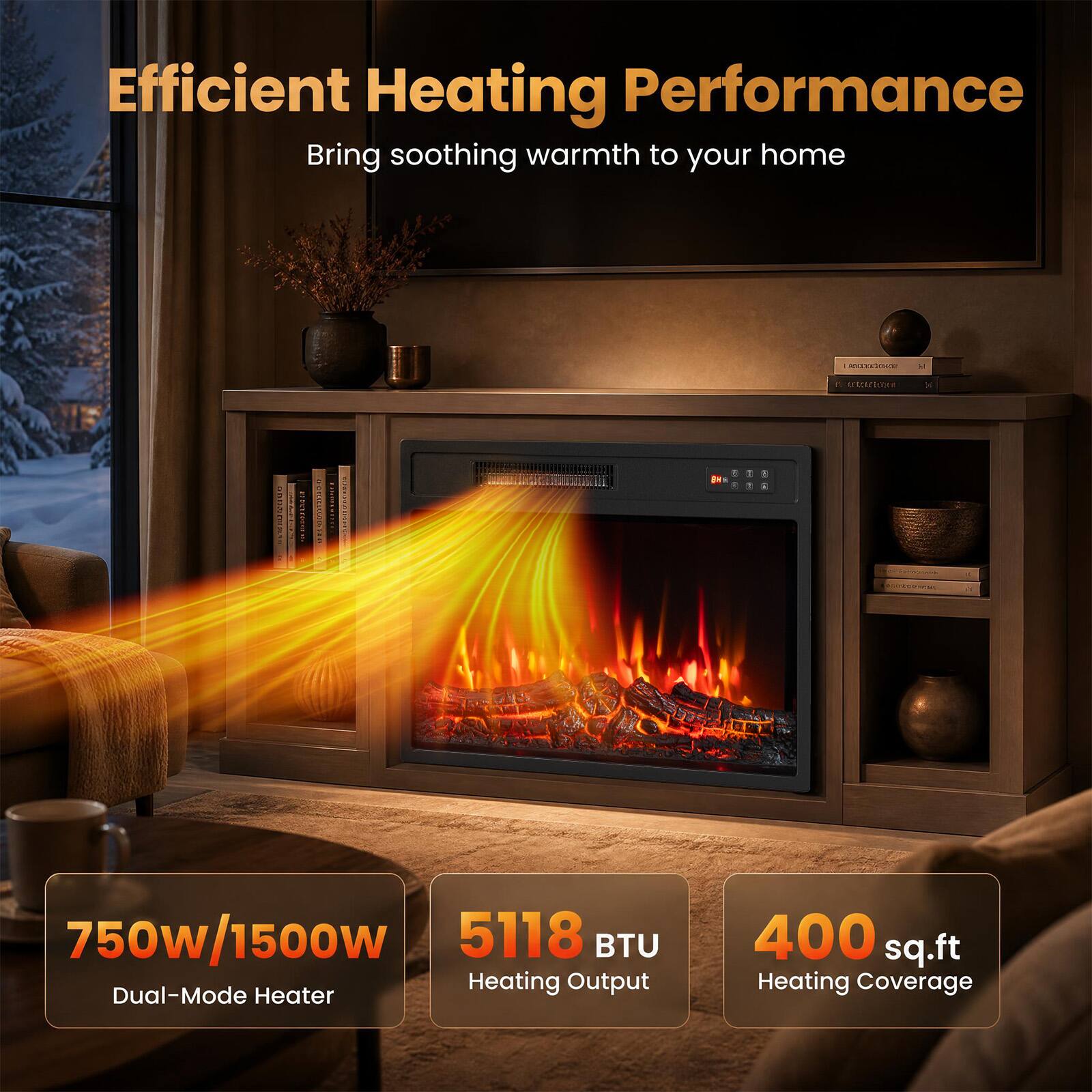 Efficient Heating Performance  
Bring soothing warmth to your home

750W/1500W Dual-Mode Heater  
5118 BTU Heating Output  
400 sq.ft Heating Coverage