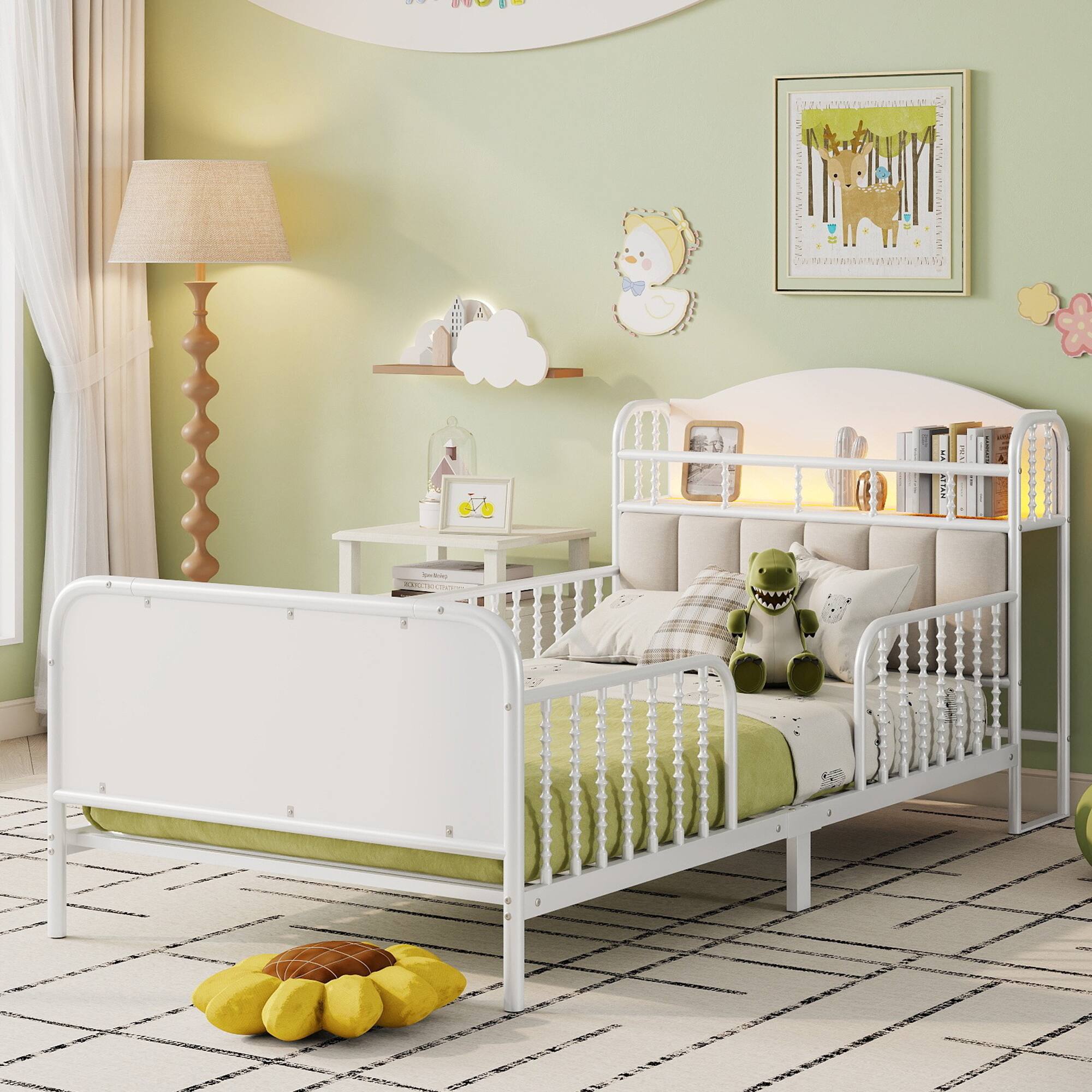 LUCKY ONE - Twin Size Kids Metal Platform Bed Frame with Light and Storage Headboard - White