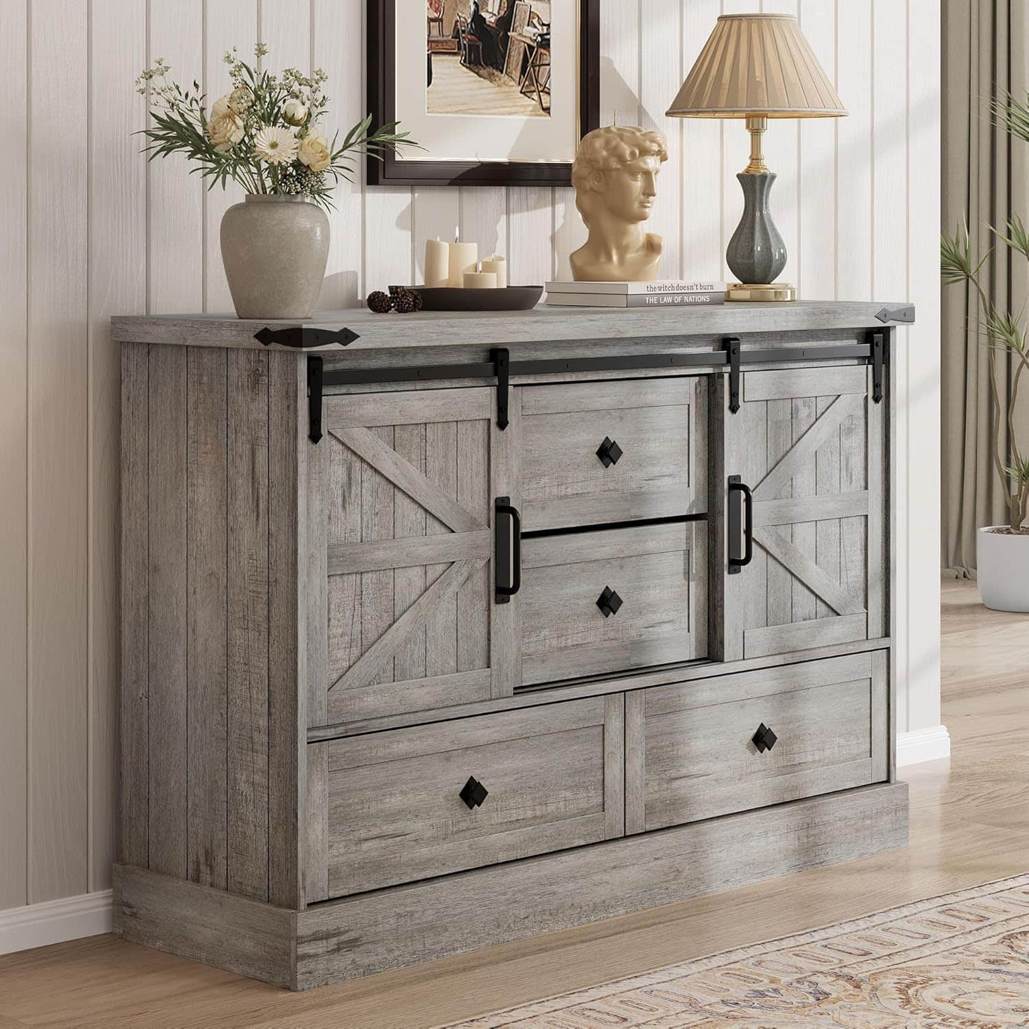 GARVEE - 45" Antique White 4-Drawer Dresser, Barn Door TV Stand or Bedroom Storage Chest for Living Room - Grey