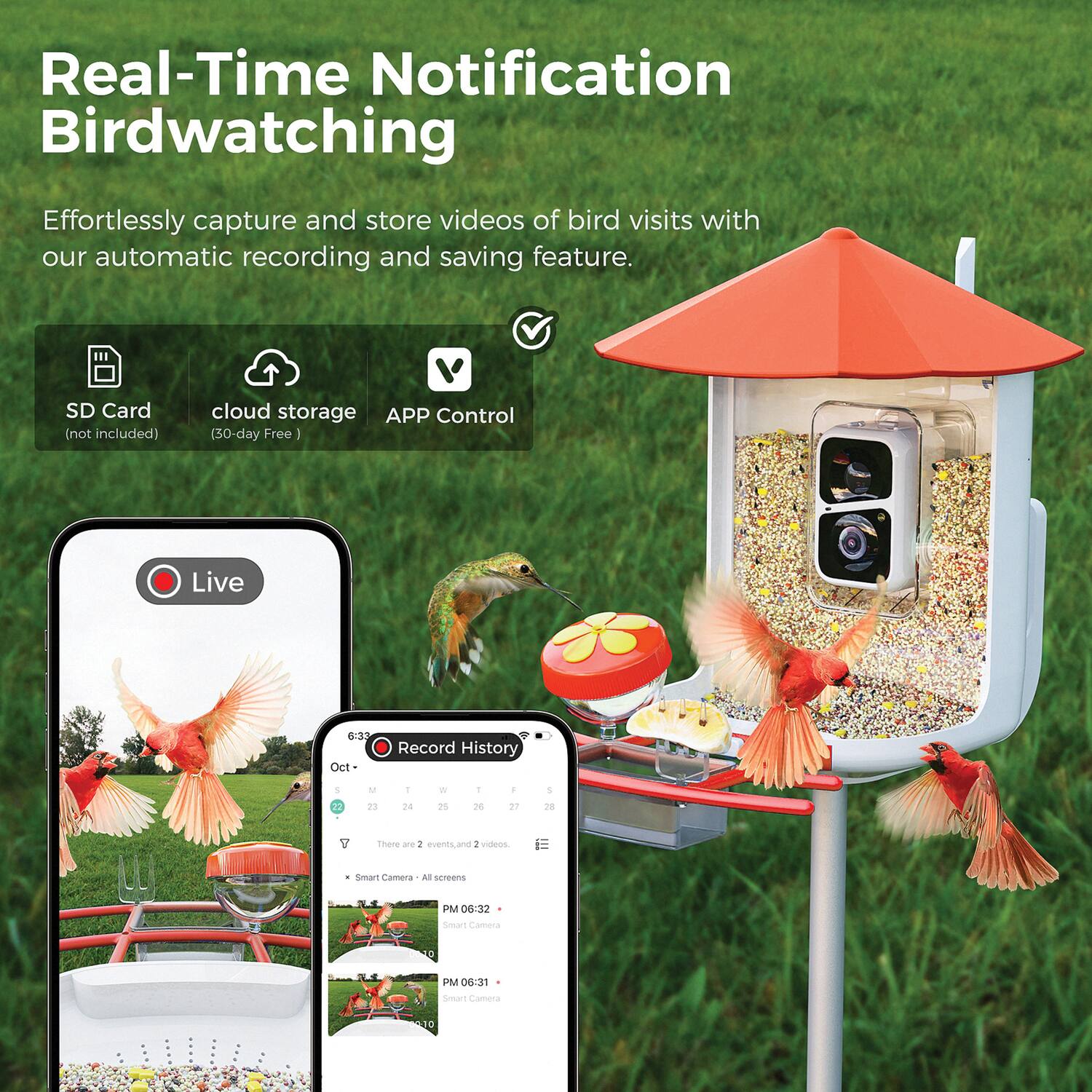 Real-Time Notification Birdwatching

Effortlessly capture and store videos of bird visits with our automatic recording and saving feature.

- SD Card (not included)
- cloud storage (30-day Free)
- APP Control

Live

Record History

Oct - 
M T W T 1 - 23 - 25 26 27 28

There are 2 events and 2 videos.

Smart Camera - All screens

PM 06:32 - Smart Camera

PM 06:31 - Smart Camera