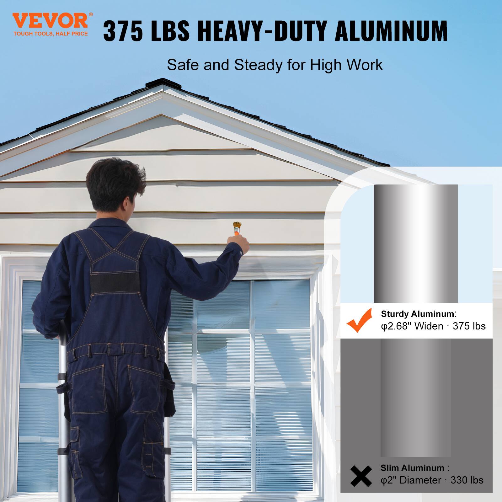 VEVOR  
TOUGH TOOLS, HALF PRICE  

375 LBS HEAVY-DUTY ALUMINUM  
Safe and Steady for High Work  

Sturdy Aluminum:  
2.68" Widen • 375 lbs  

Slim Aluminum:  
2" Diameter • 330 lbs