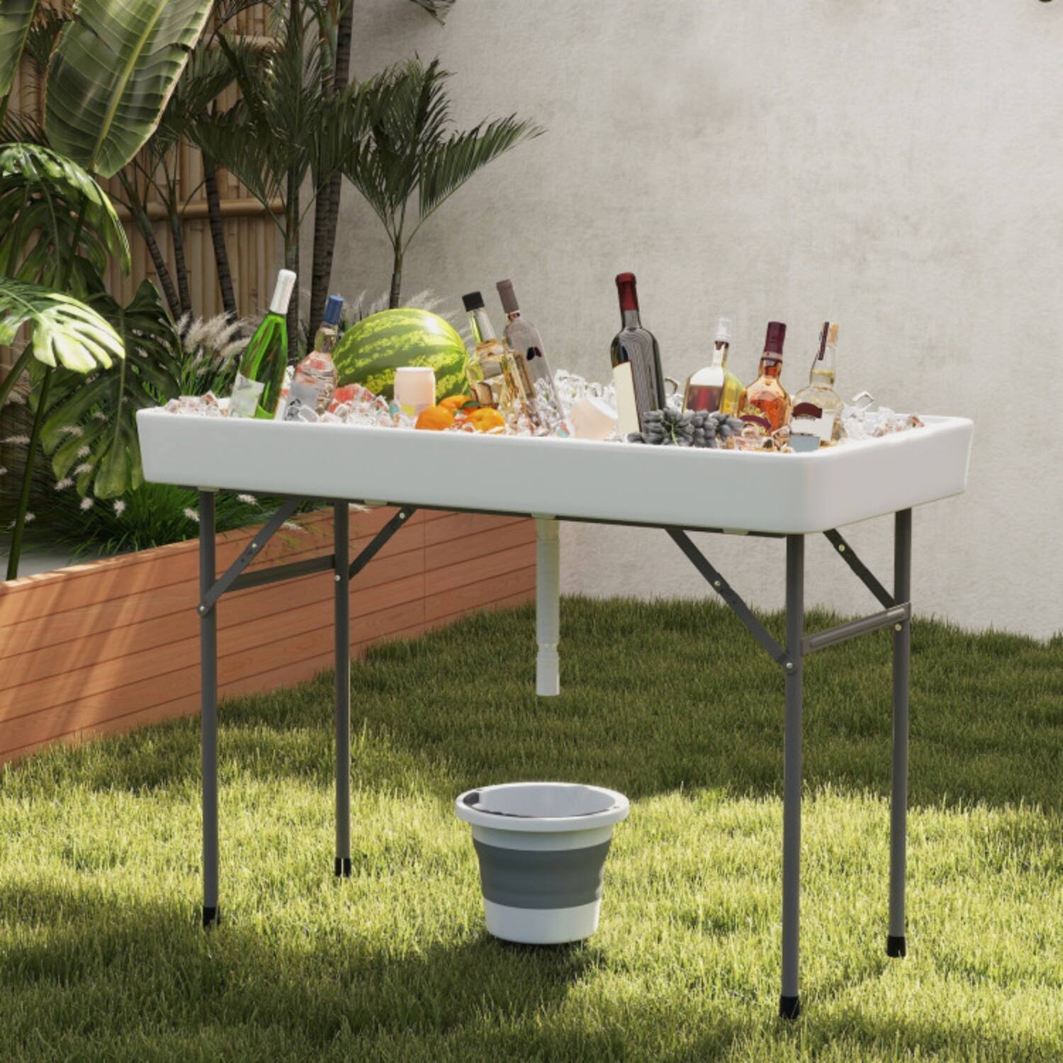 Alt View 5. Mondawe - 4 ft Folding Ice Cooler Table w Large Sink & Drain Hose HDPE Top Metal Legs w Skirt - White.