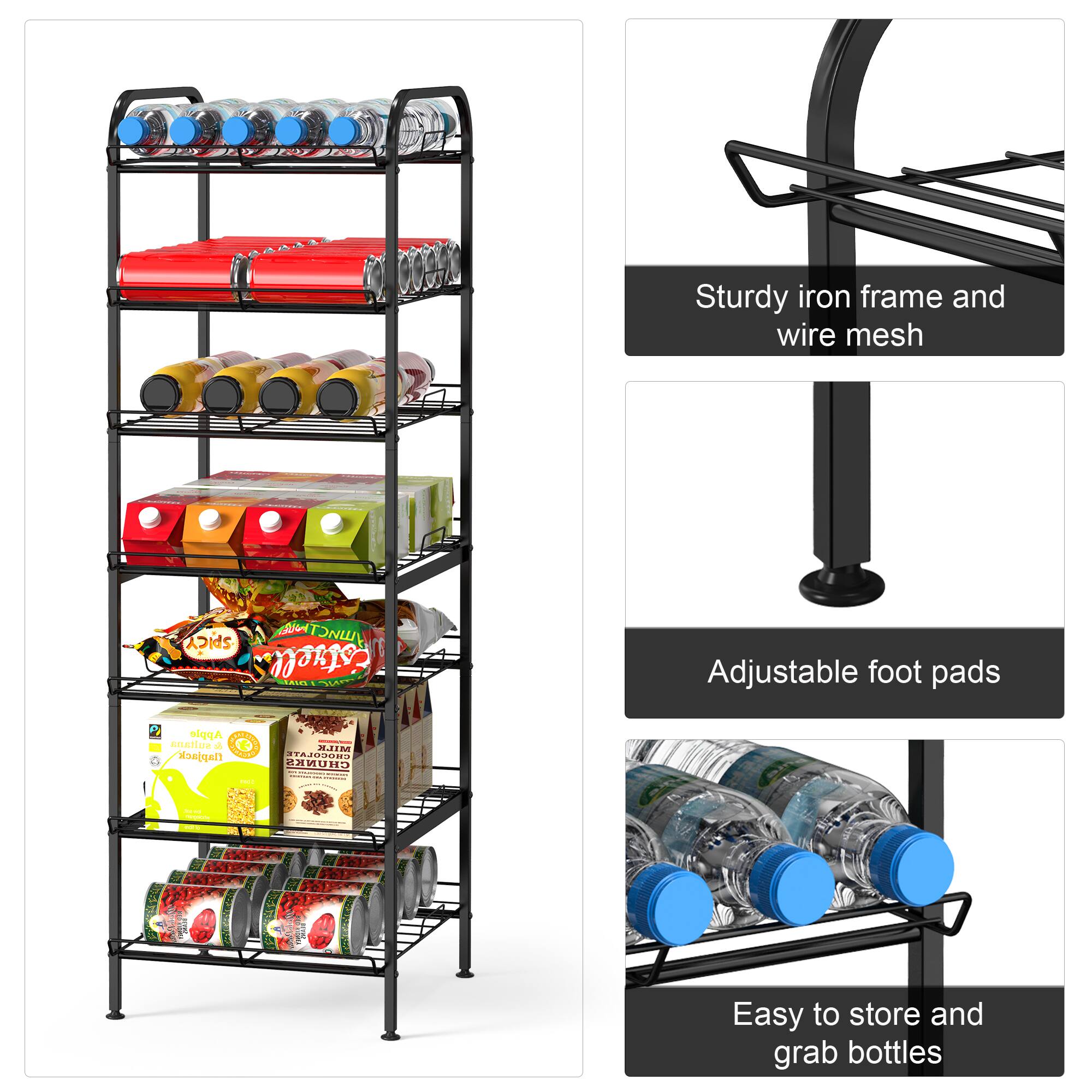 Sturdy iron frame and wire mesh  
Adjustable foot pads  
Easy to store and grab bottles