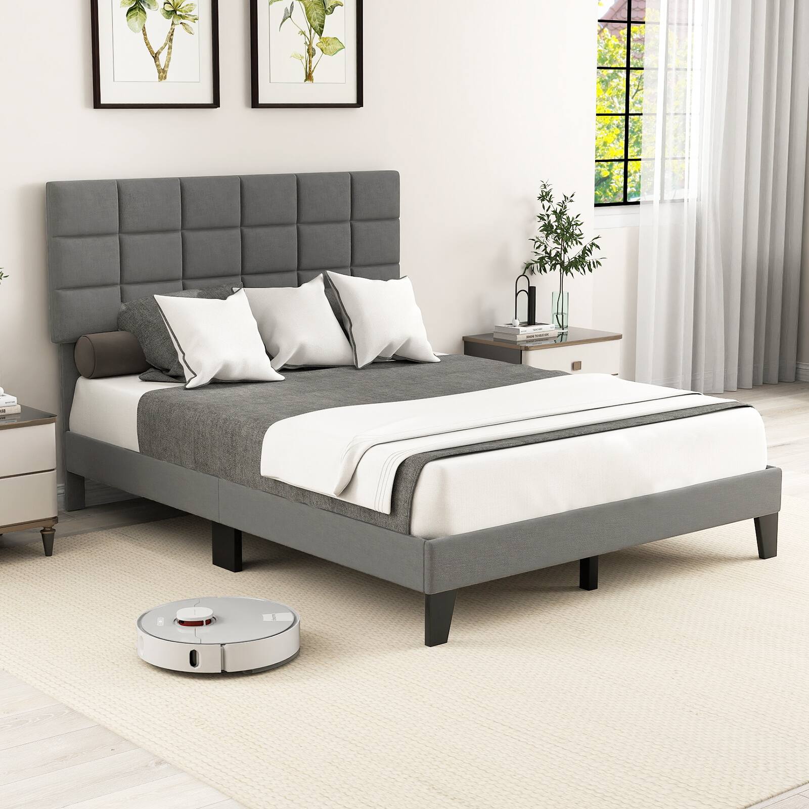 Angle. LUCKY ONE - Queen Assembled Linen Bed Frame with Adjustable Headboard Platform Bed Wooden Slats - Gray-Queen.