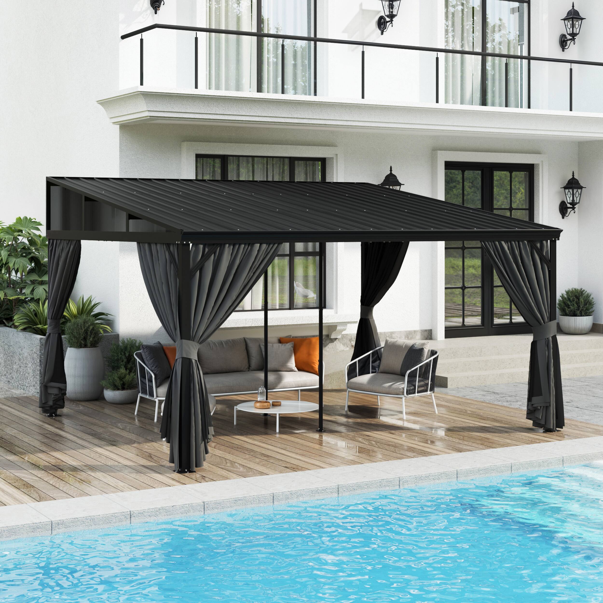 Left. Famapy - Extra Large Outdoor Gazebo with Steel Roof and Aluminum Frame, Curtains & Netting for Patio, Deck, Garden.