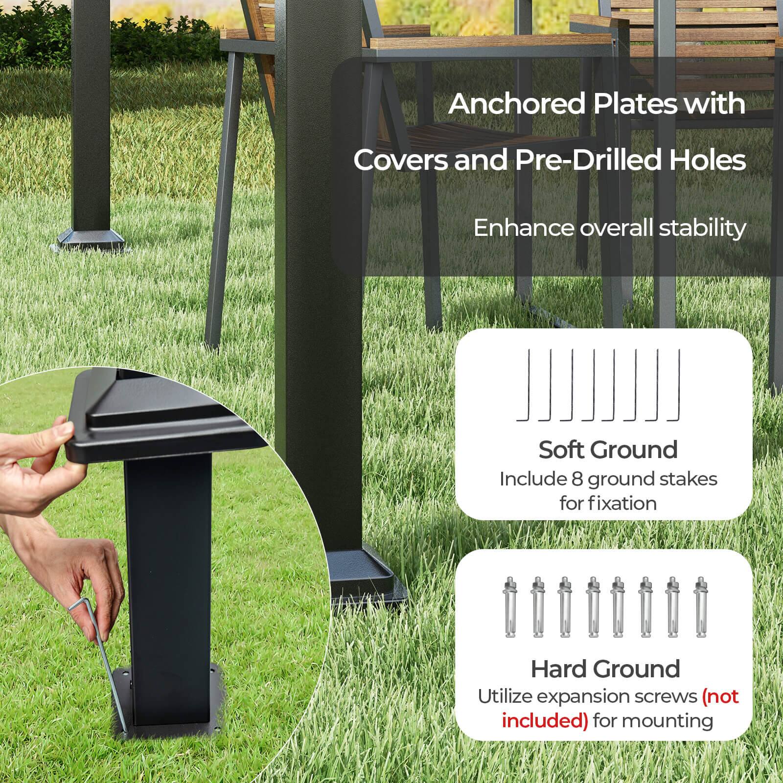 Anchored Plates with Covers and Pre-Drilled Holes  
Enhance overall stability  

Soft Ground  
Include 8 ground stakes for fixation  

Hard Ground  
Utilize expansion screws (not included) for mounting