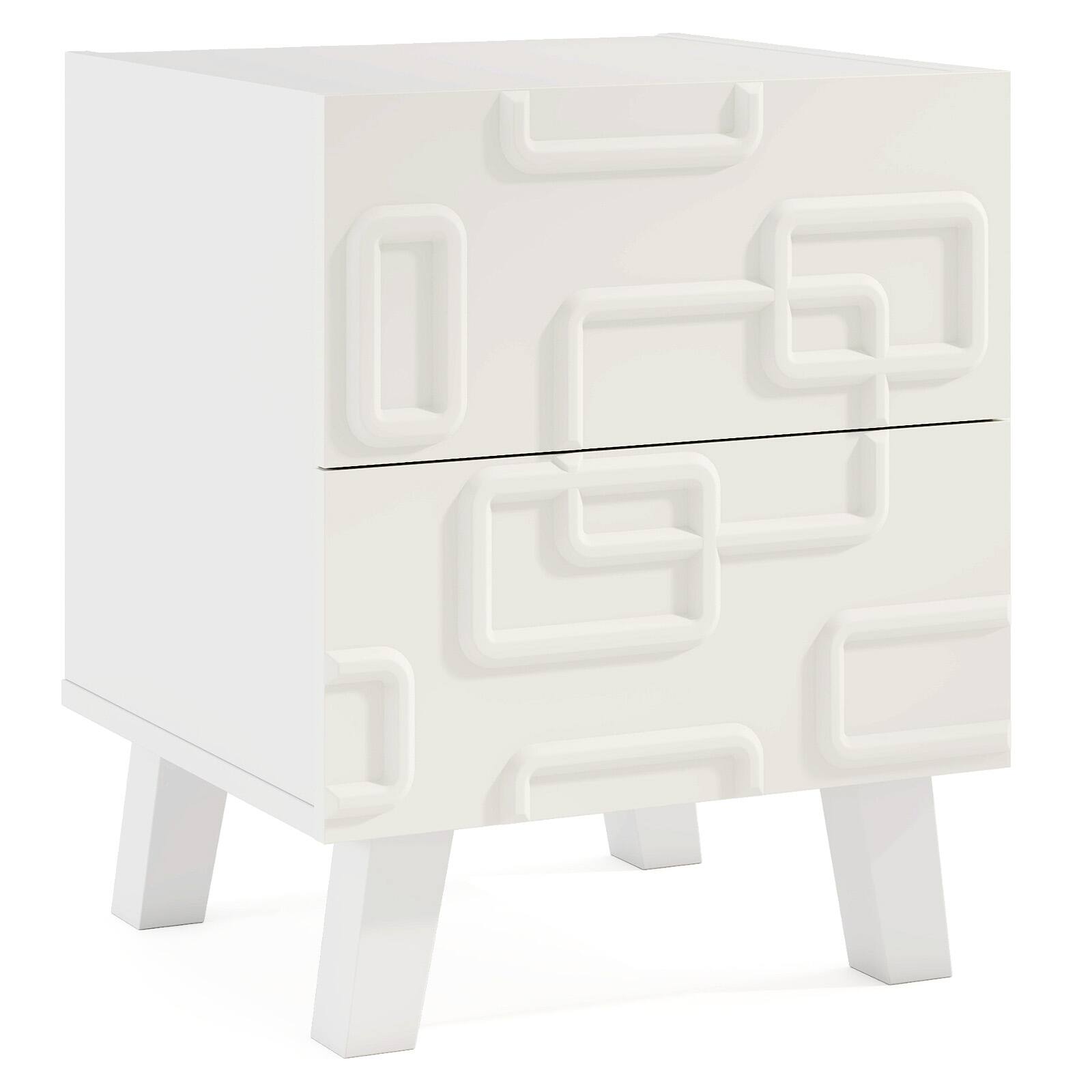 Alt View 7. Gymax - Gymax Mid Century Modern Bedside Table w/ 2 Storage Drawers & 3D Geometric Patterns - White.