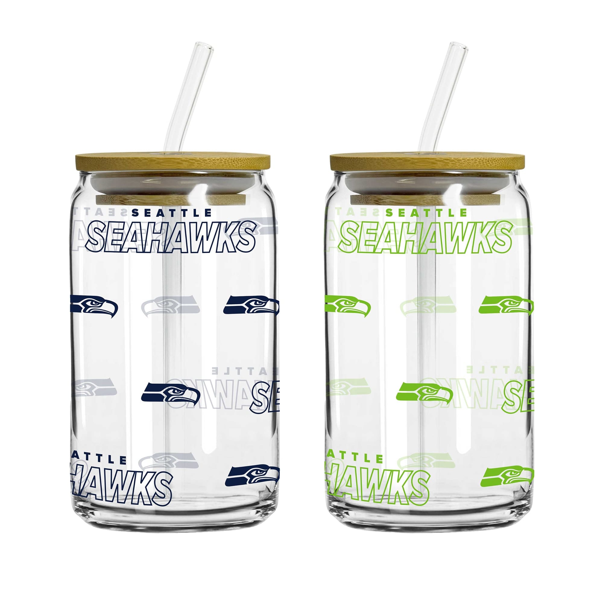 Logo Brands - Seattle Seahawks 16oz. Step And Repeat Glass Can with Lid & Straw 2-Pack - Multicolor
